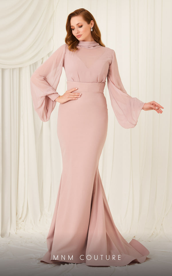Crew/High-Neck Floor-Length Chiffon Formal Mermaid MNM Couture 2637B