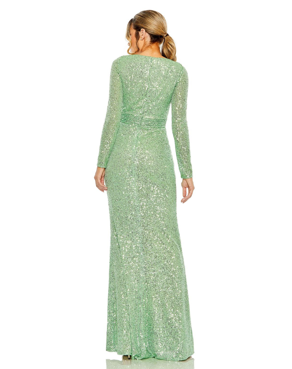 green long sleeve dress prom Mac Duggal Women's Sequined Long Sleeve Gown - Green