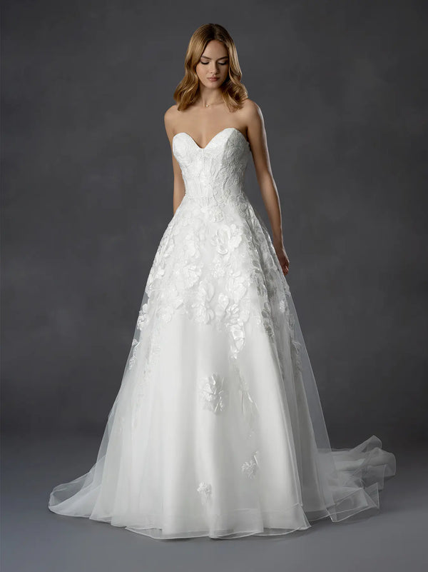 Strapless Sweetheart A-Line Bridal Gown with 3D Floral Appliqués and Illusion Corset Bodice