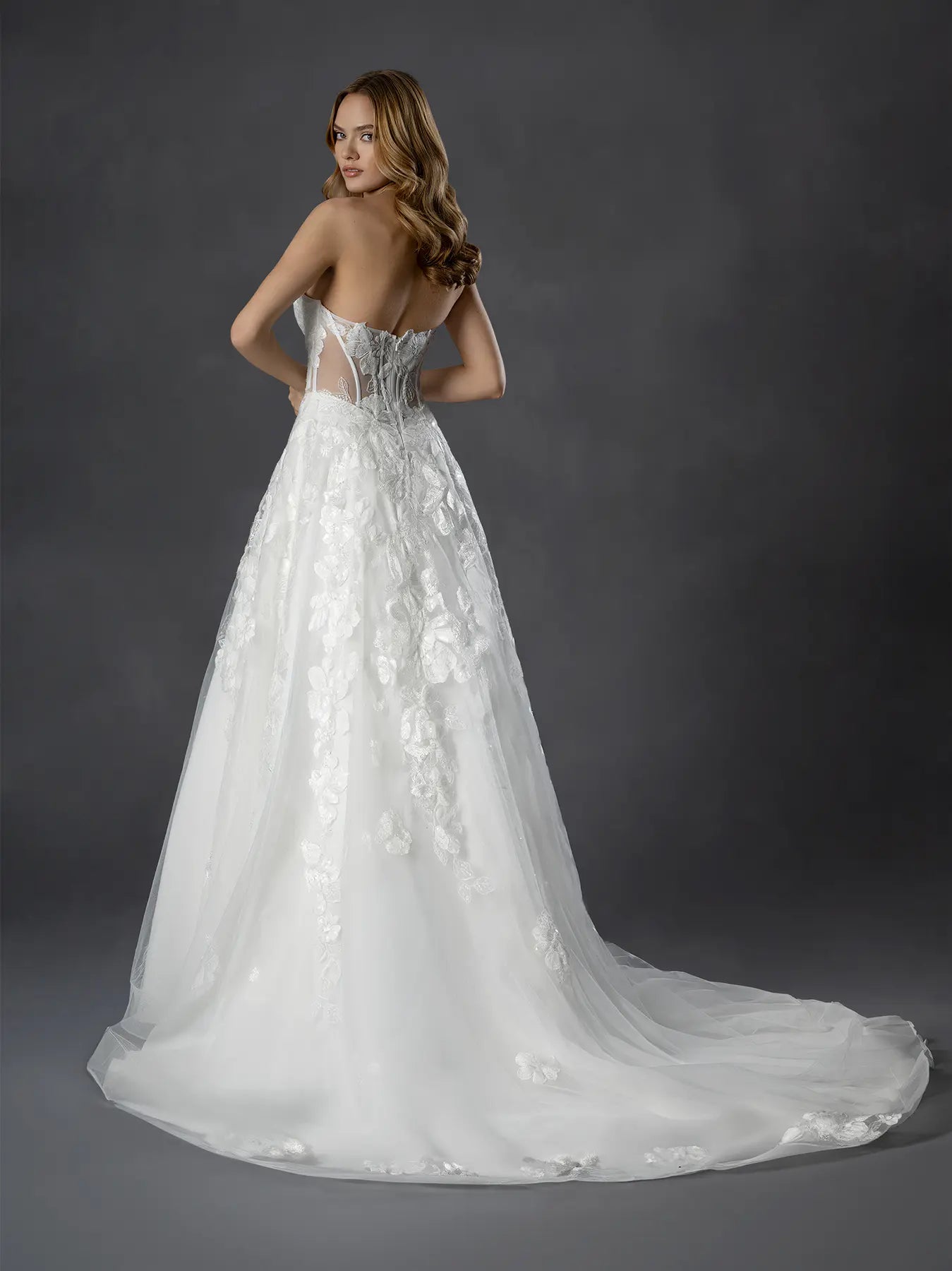 Off White Strapless Sweetheart A-Line Bridal Gown with 3D Floral Appliqués and Illusion Corset Bodice