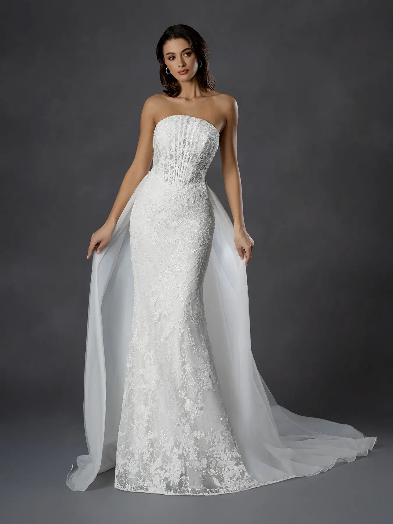 Off White Strapless Floor-Length Tulle Wedding Dress Mermaid Gown with Removable Overskirt