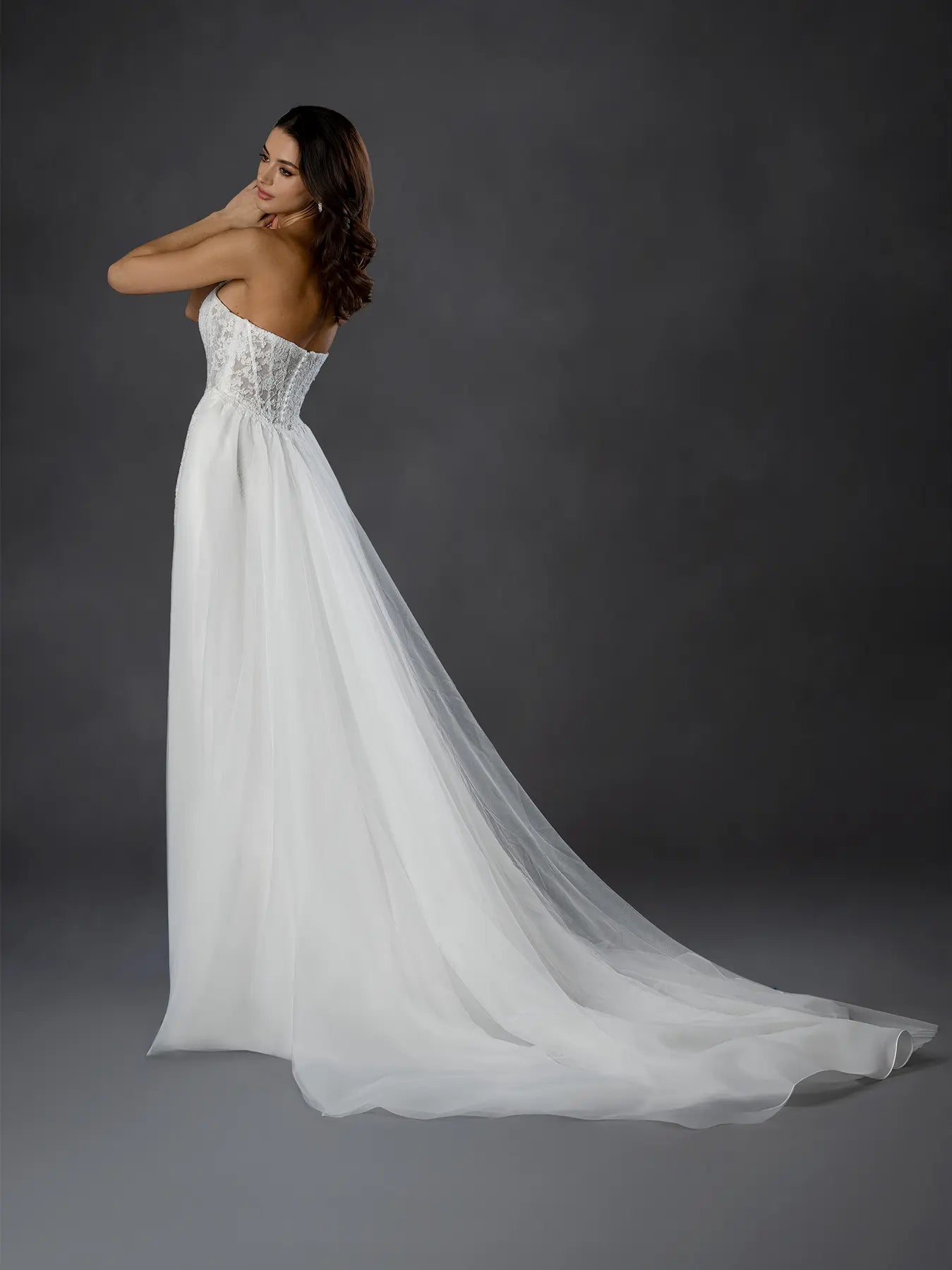 Off White Strapless Floor-Length Tulle Wedding Dress Mermaid Gown with Removable Overskirt