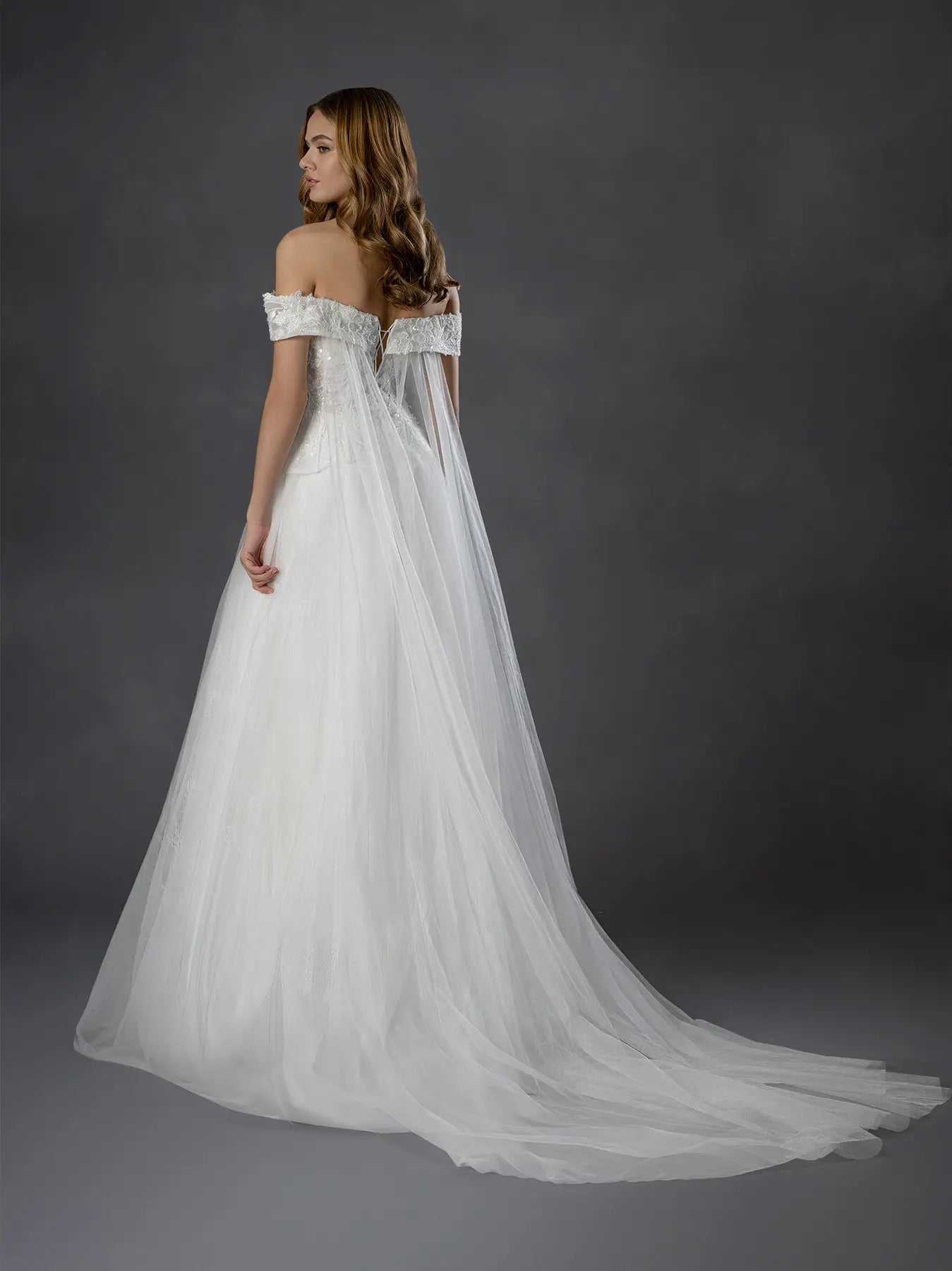 Off White Off-the-Shoulder Floor-Length Tulle Wedding Dress A-Line Gown