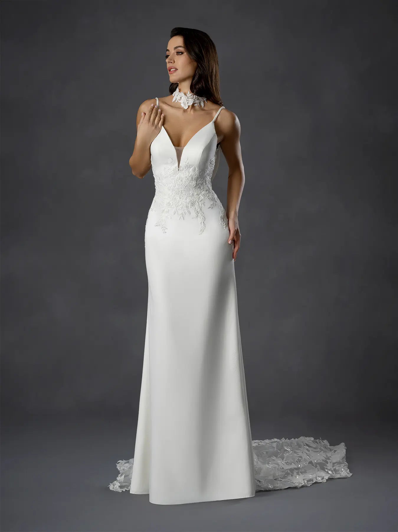 Off White V-Neck Floor-Length Crepe Wedding Dress Sheath Gown with Cowl Back