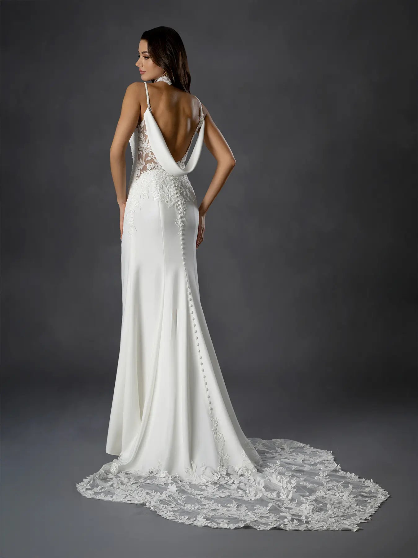 Off White V-Neck Floor-Length Crepe Wedding Dress Sheath Gown with Cowl Back