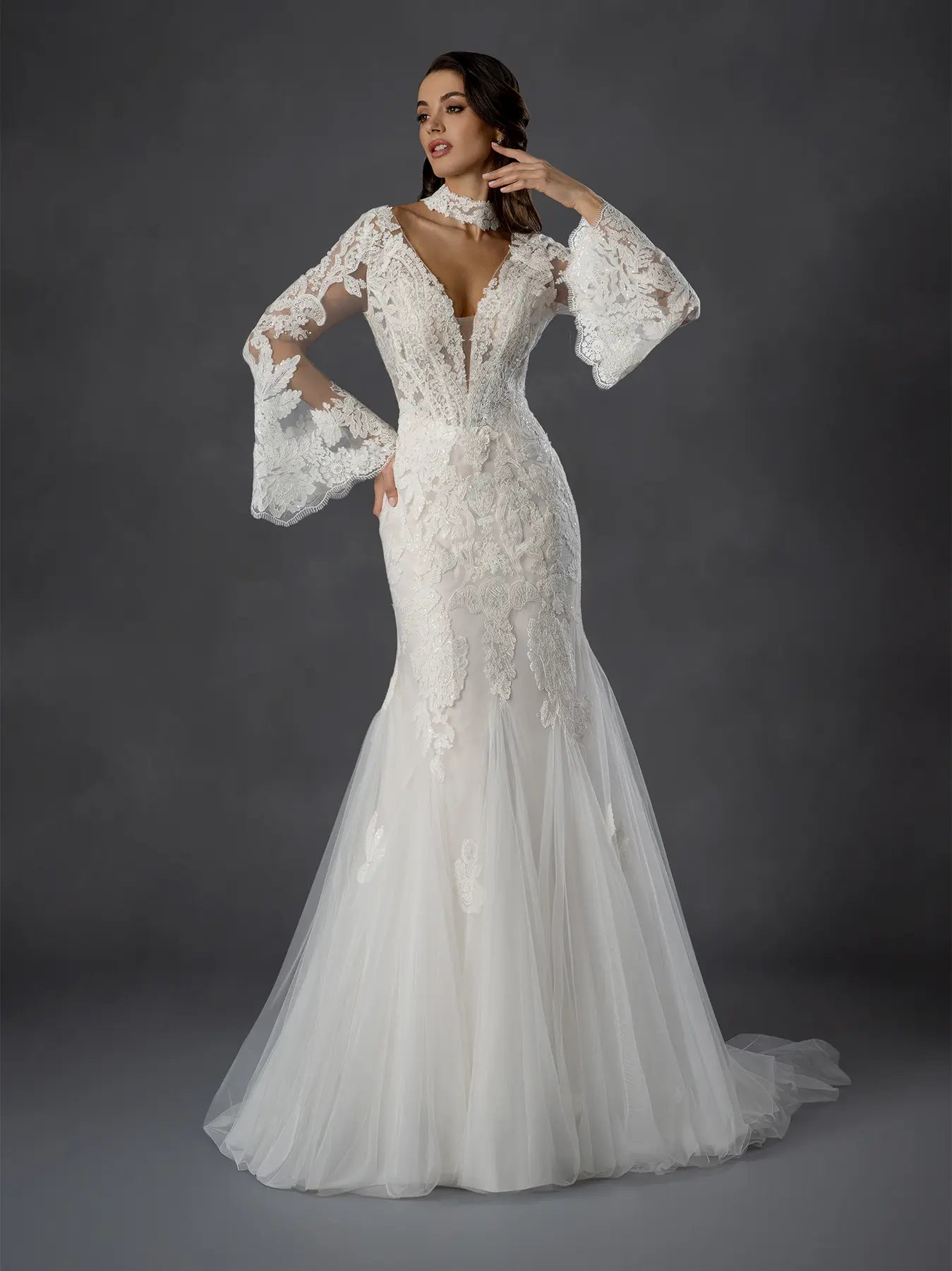 V-Neck Floor-Length Lace Wedding Dress Mermaid Gown with Bell Sleeves