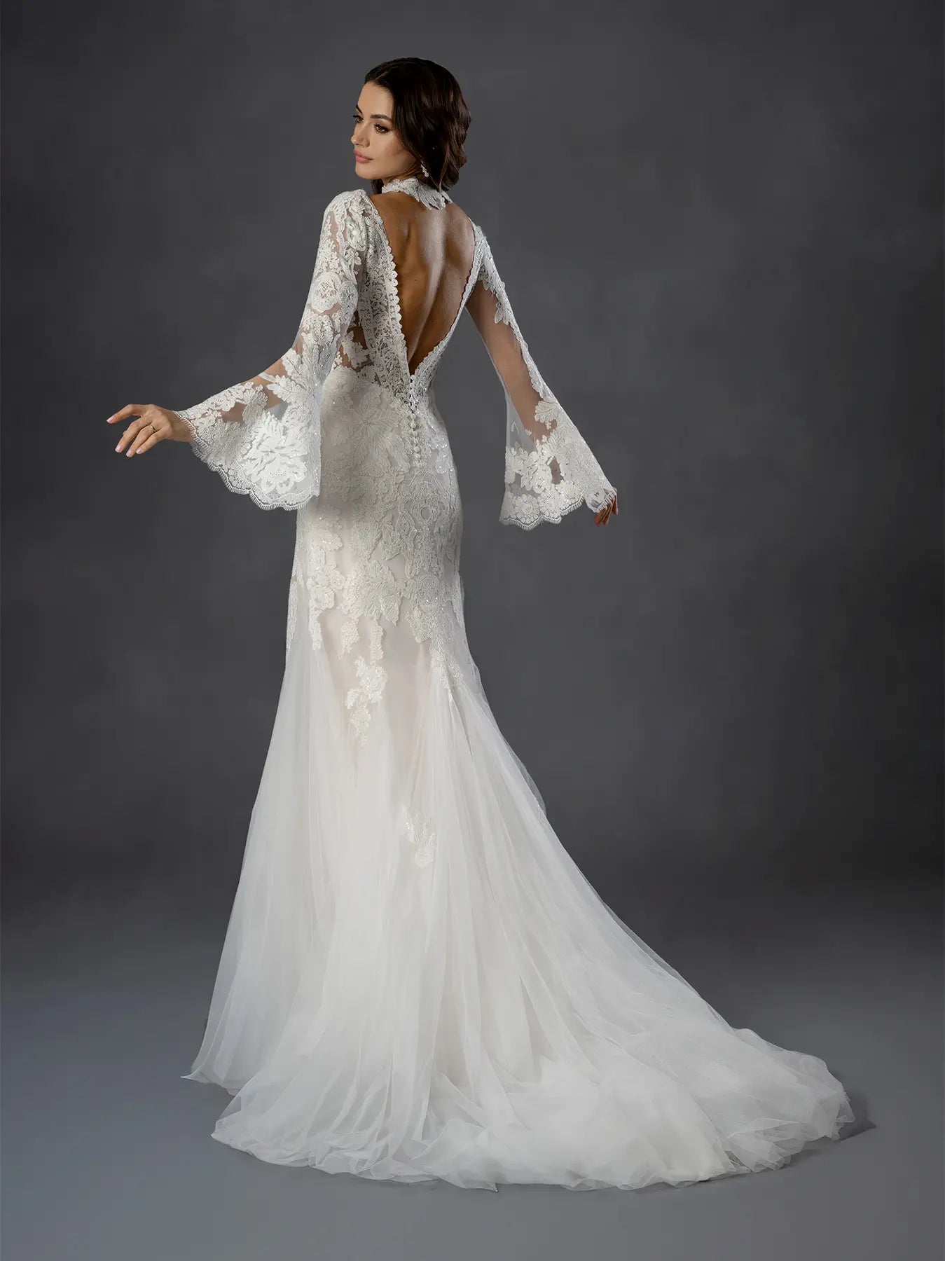 Off White V-Neck Floor-Length Lace Wedding Dress Mermaid Gown with Bell Sleeves