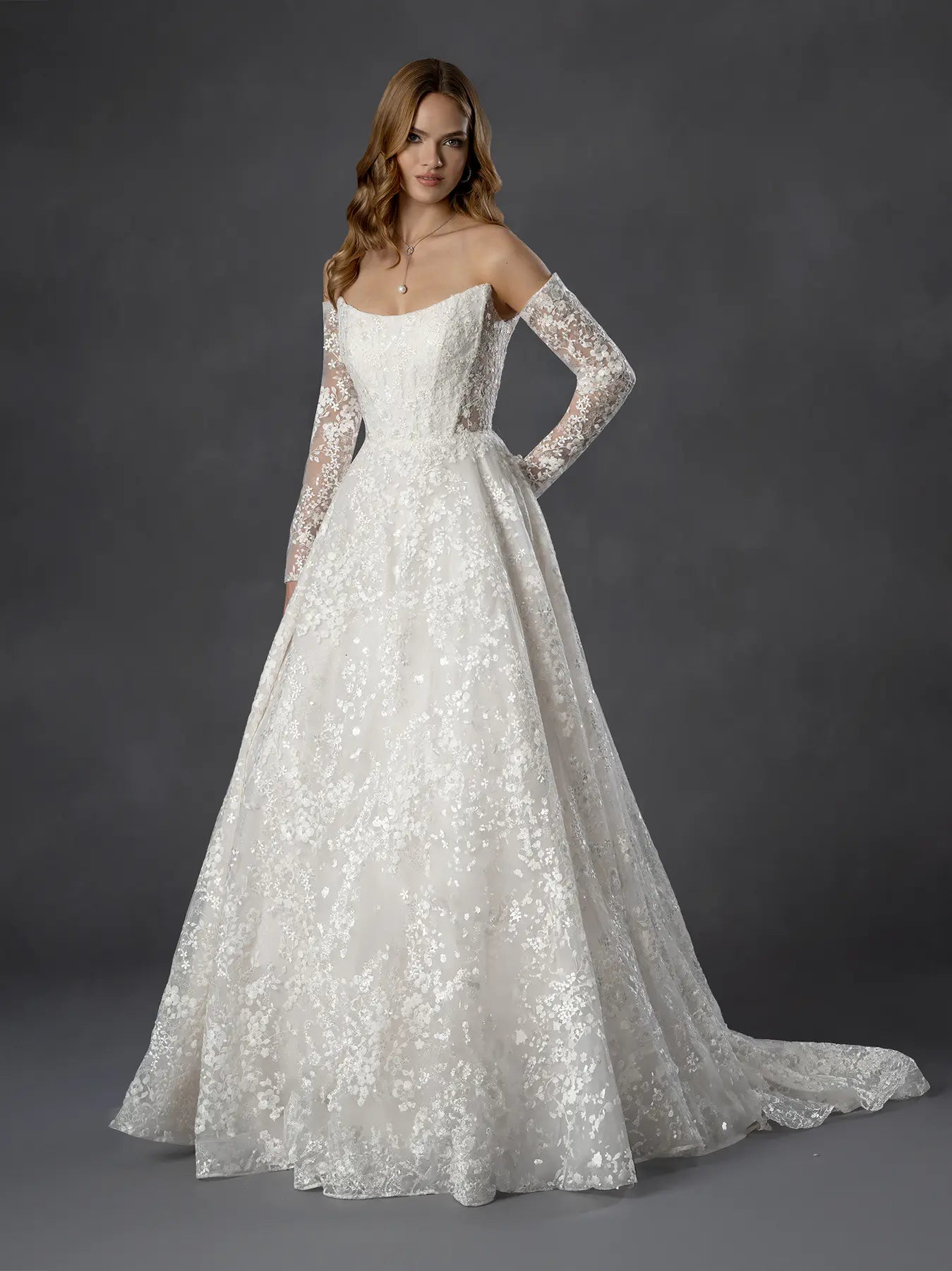 Off White Off-the-Shoulder Floor-Length Lace Wedding Dress A-Line Gown