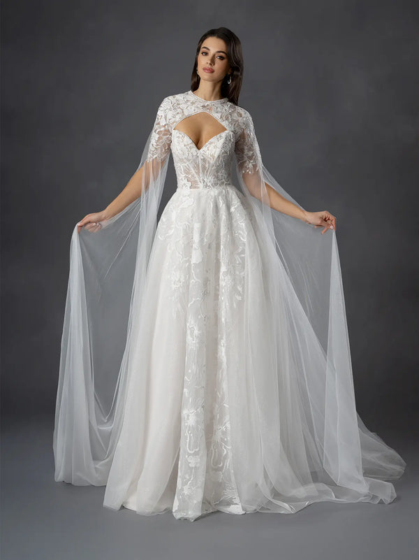 High-Neck Floor-Length Lace Wedding Dress A-Line Gown with Cape