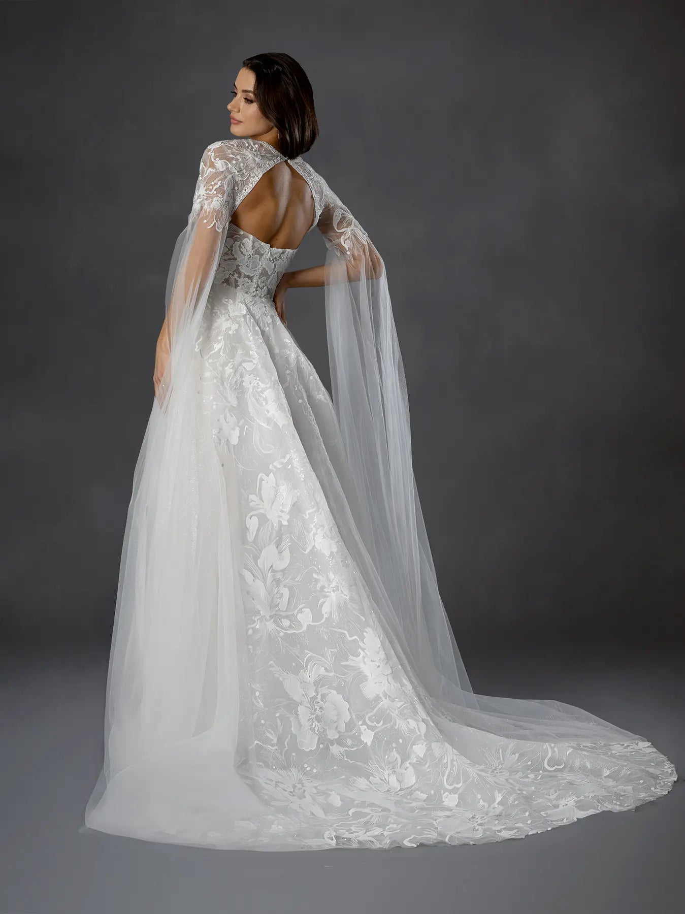 Off White High-Neck Floor-Length Lace Wedding Dress A-Line Gown with Cape