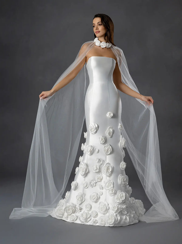 Strapless Floor-Length Satin Wedding Dress Mermaid Gown with Floral Appliques