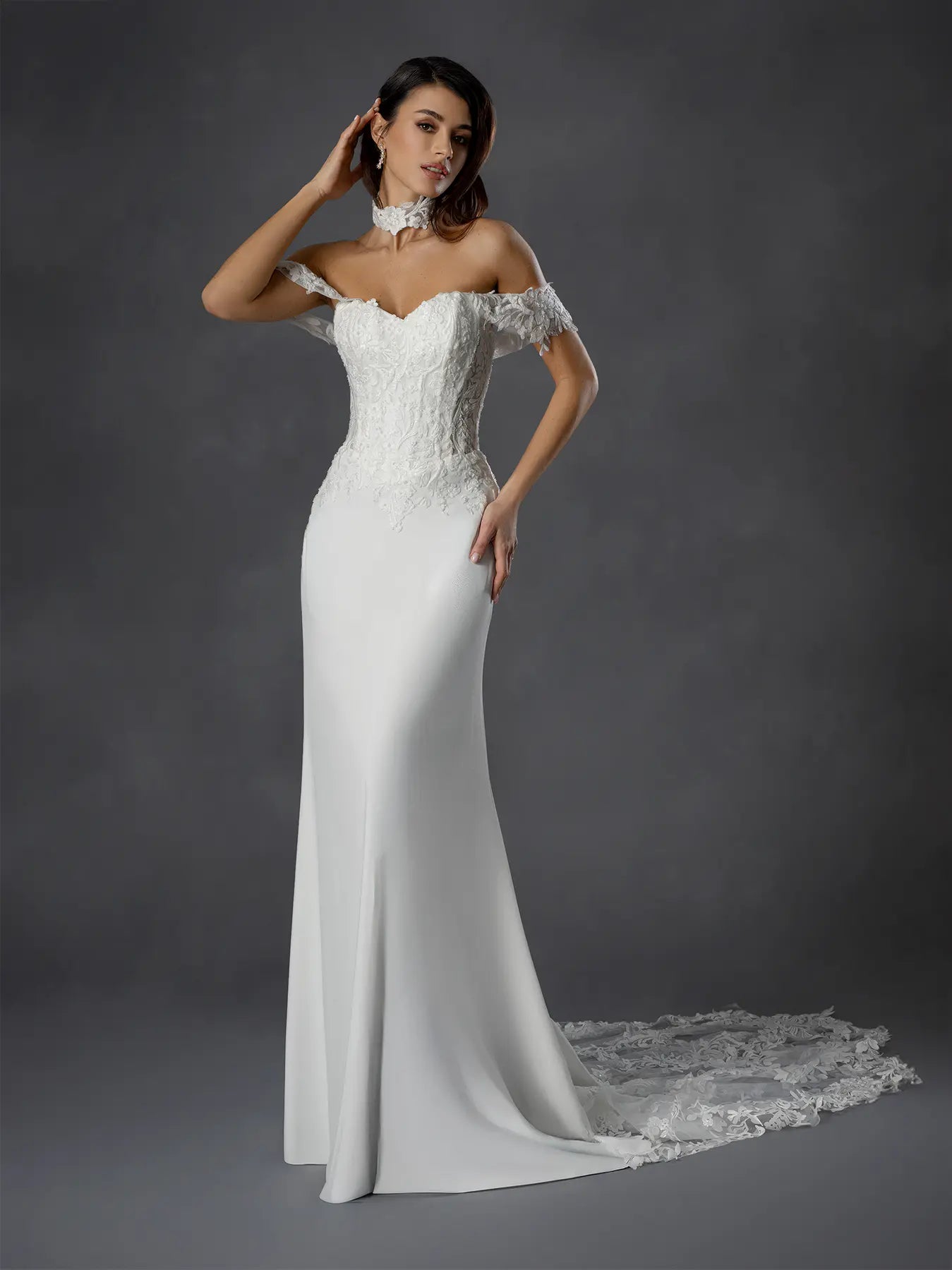 Off White Off-the-Shoulder Sweetheart Floor-Length Crepe and Lace Bridal Mermaid Gown