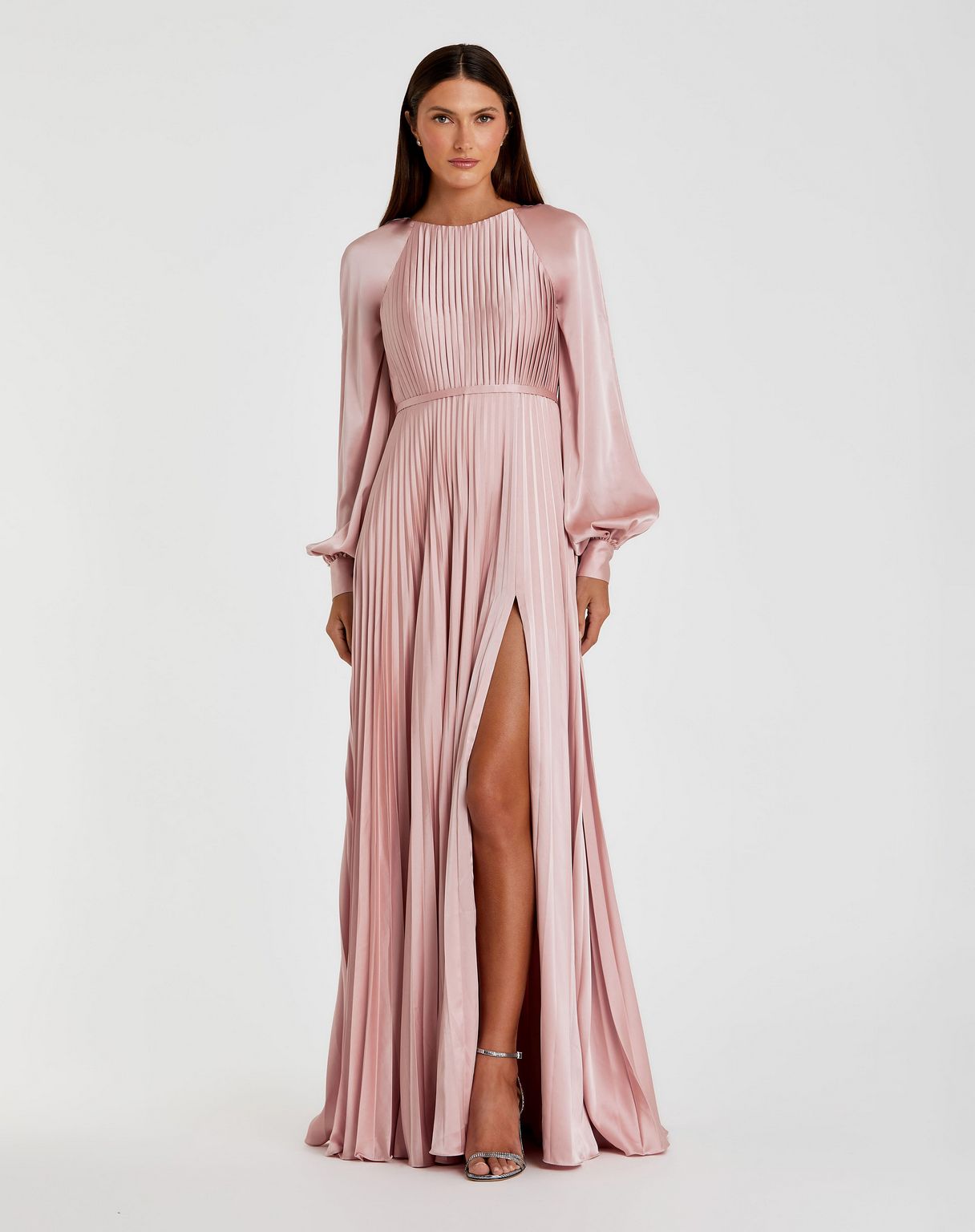 Mac Duggal Women's Ieena Long Sleeve Pleated High Neck Gown - Peacock Mac Duggal Women's Ieena Long Sleeve Pleated High Neck Gown - Peacock