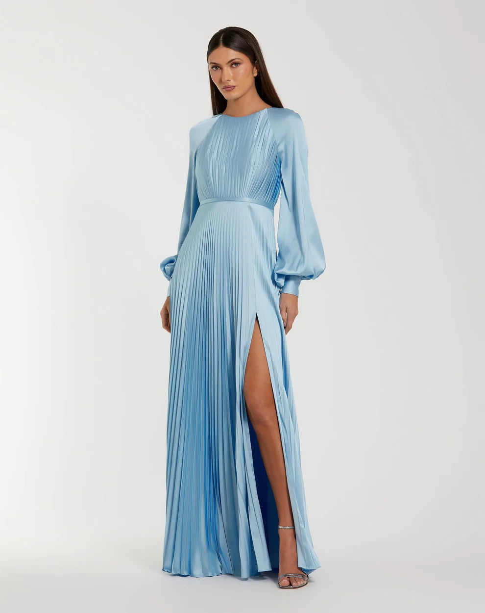 blue dresses with sleeves Pleated High Neck Raglan Long Sleeve Side Slit Gown It features short puff Size:21.5