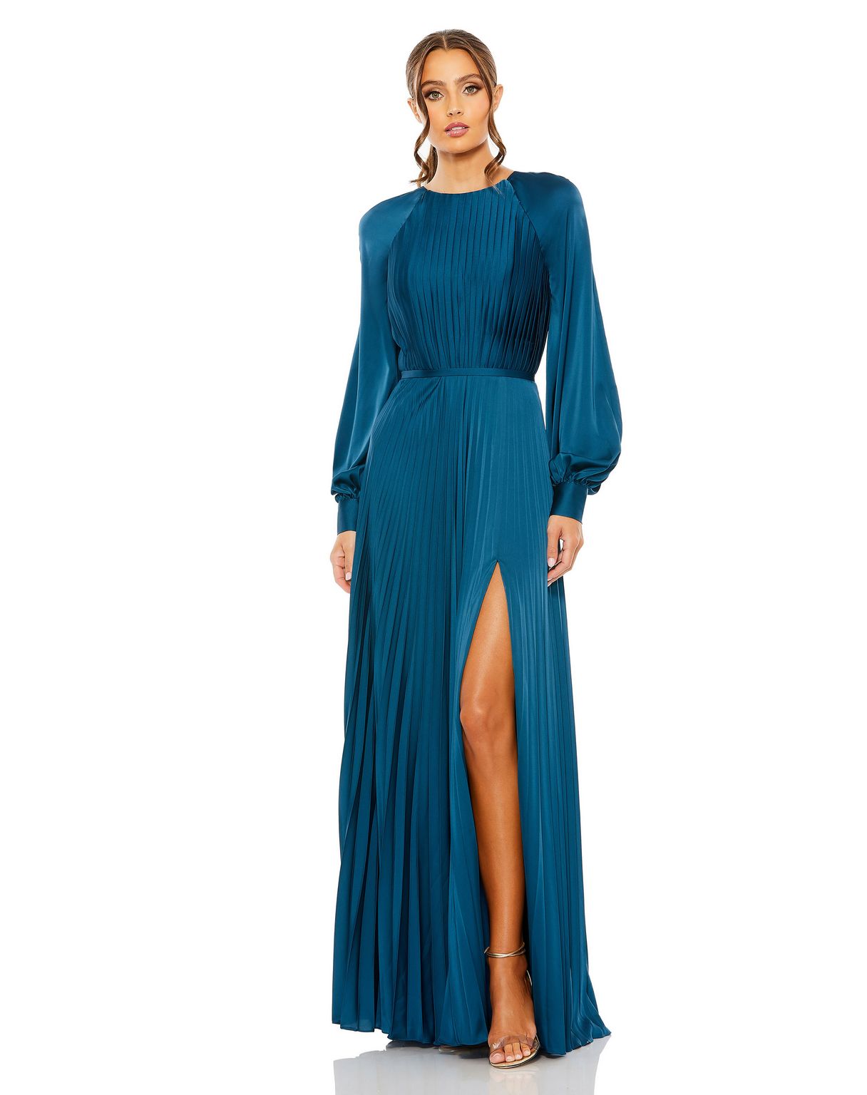 Mac Duggal Women's Ieena Long Sleeve Pleated High Neck Gown - Peacock Mac Duggal Women's Ieena Long Sleeve Pleated High Neck Gown - Peacock