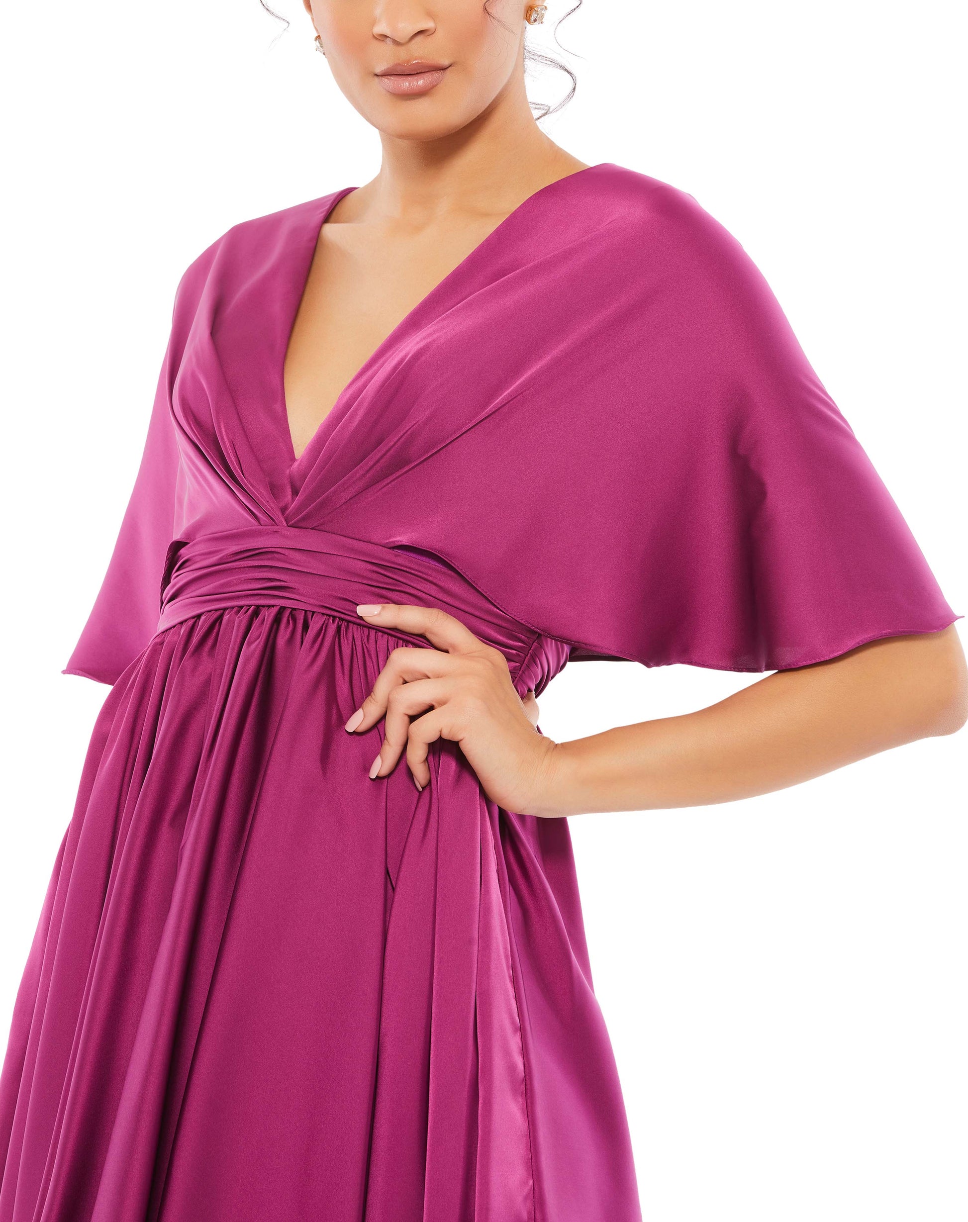 Mac Duggal 26605 Short Cape Sleeve Satin Dress