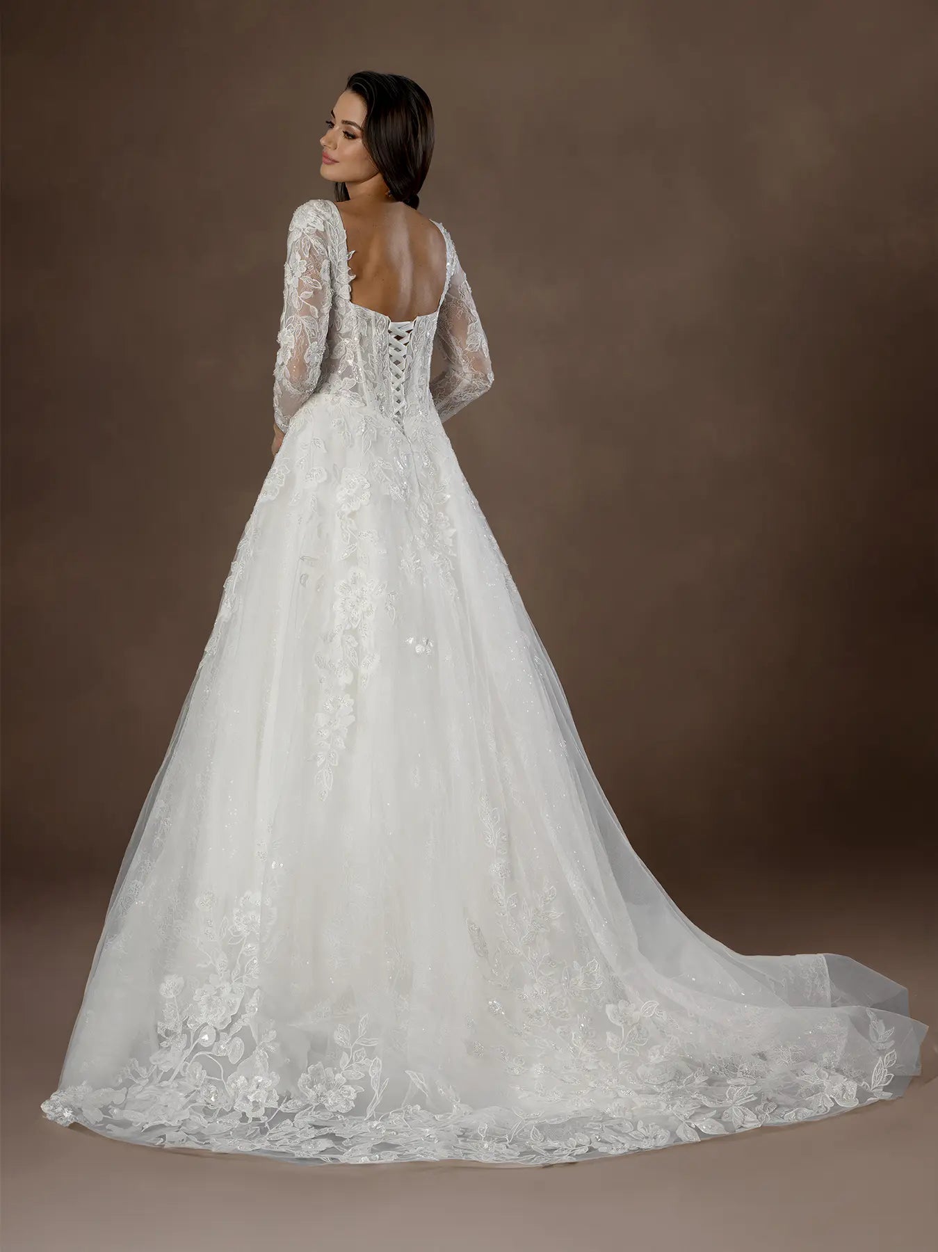 Off White Sweetheart Floor-Length Lace Bridal A-Line Gown with Long Sleeves and Corset Back