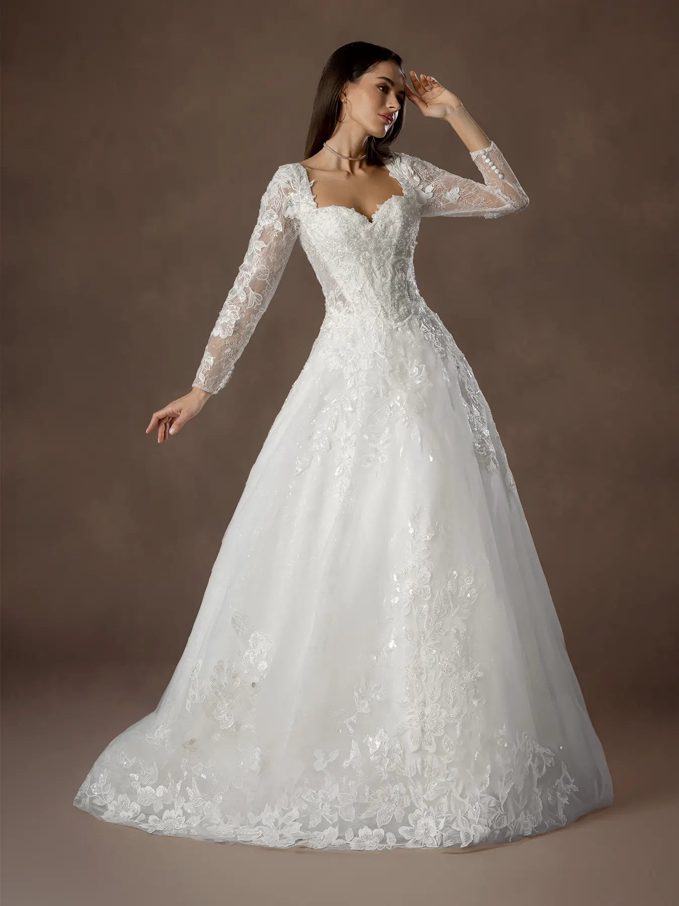 Off White Sweetheart Floor-Length Lace Bridal A-Line Gown with Long Sleeves and Corset Back