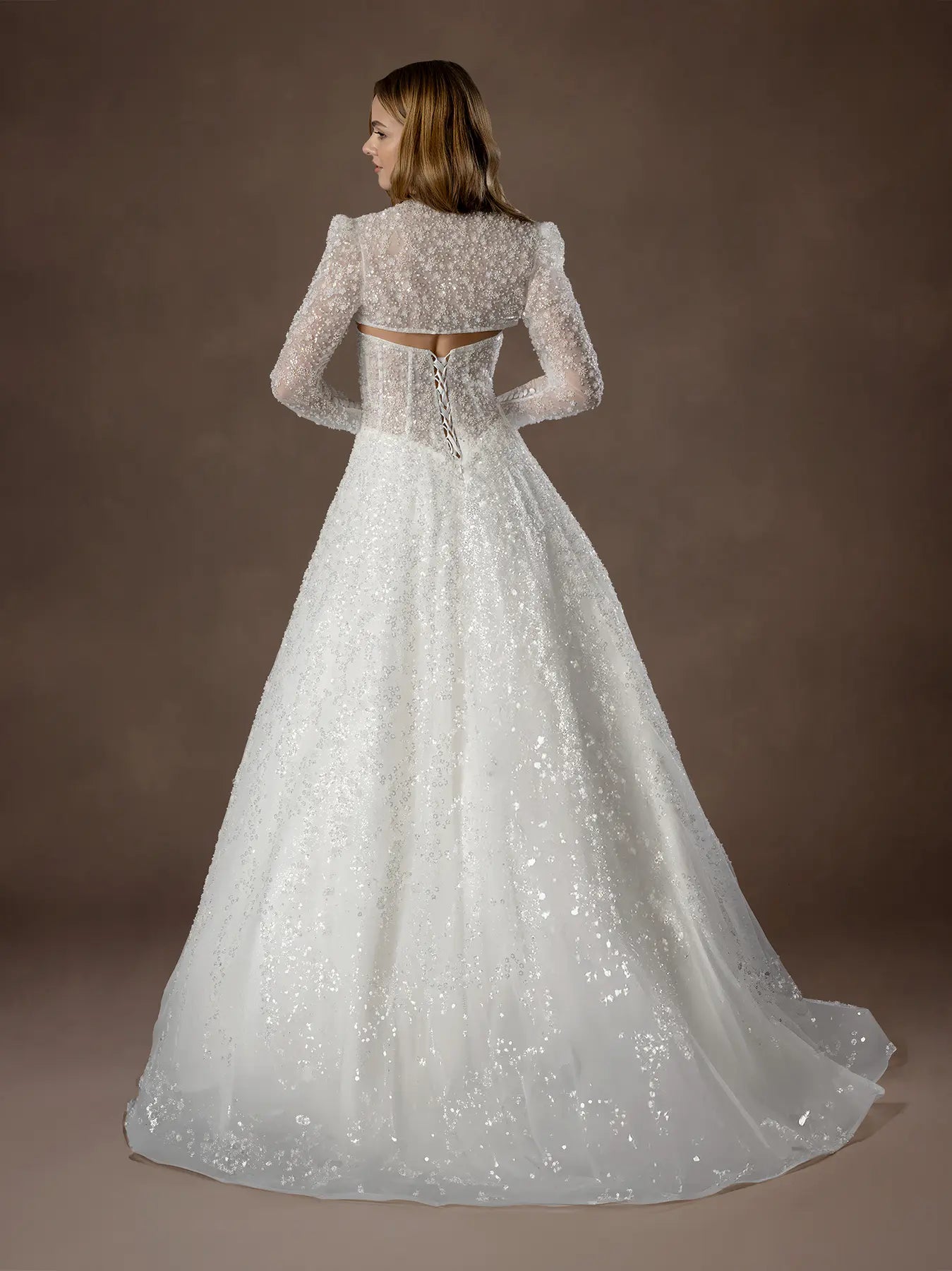 Off White Sweetheart Floor-Length Sequin Tulle Wedding Ball Gown with Long Sleeve Bolero