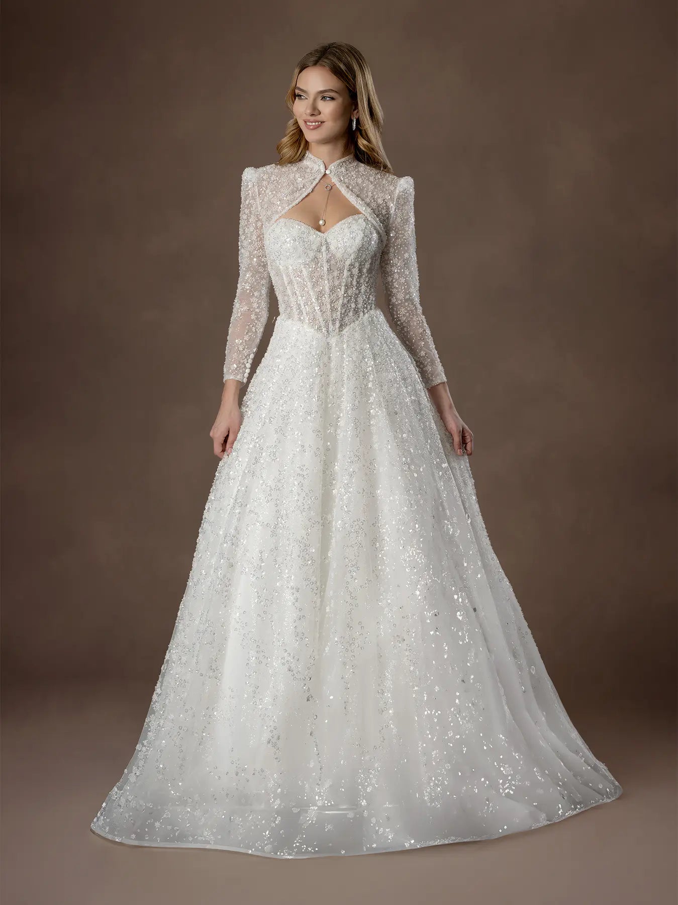 Off White Sweetheart Floor-Length Sequin Tulle Wedding Ball Gown with Long Sleeve Bolero