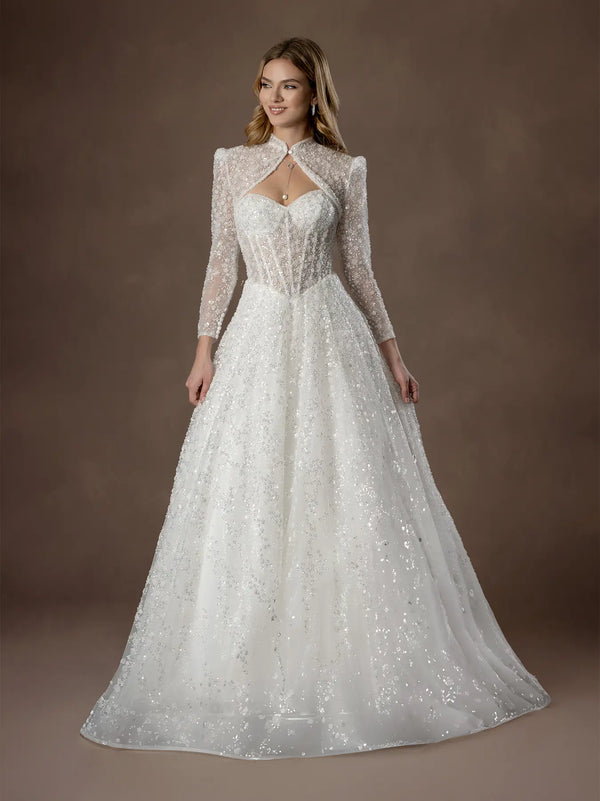 Sweetheart Floor-Length Sequin Tulle Wedding Ball Gown with Long Sleeve Bolero