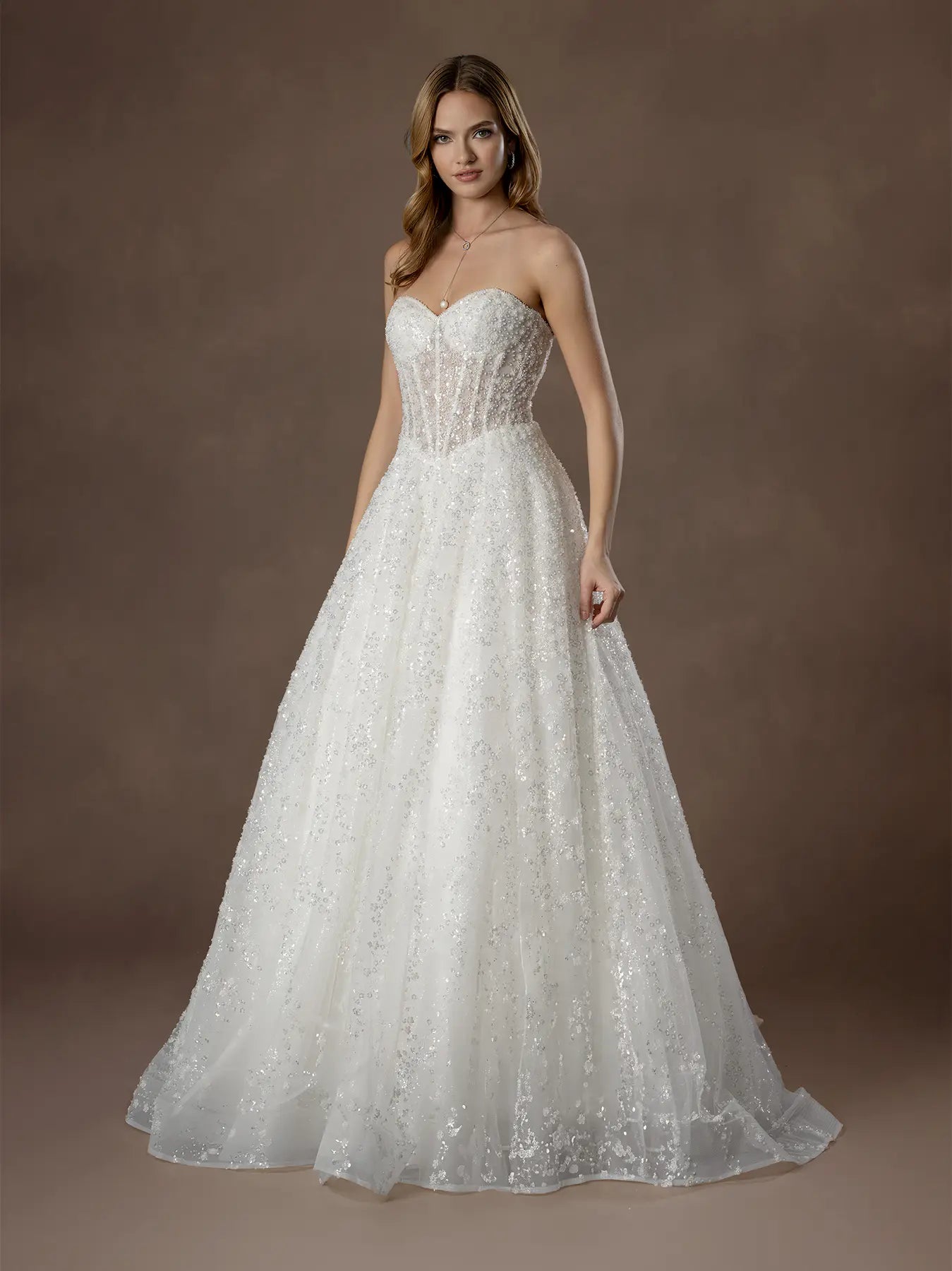 Off White Sweetheart Floor-Length Sequin Tulle Wedding Ball Gown with Long Sleeve Bolero