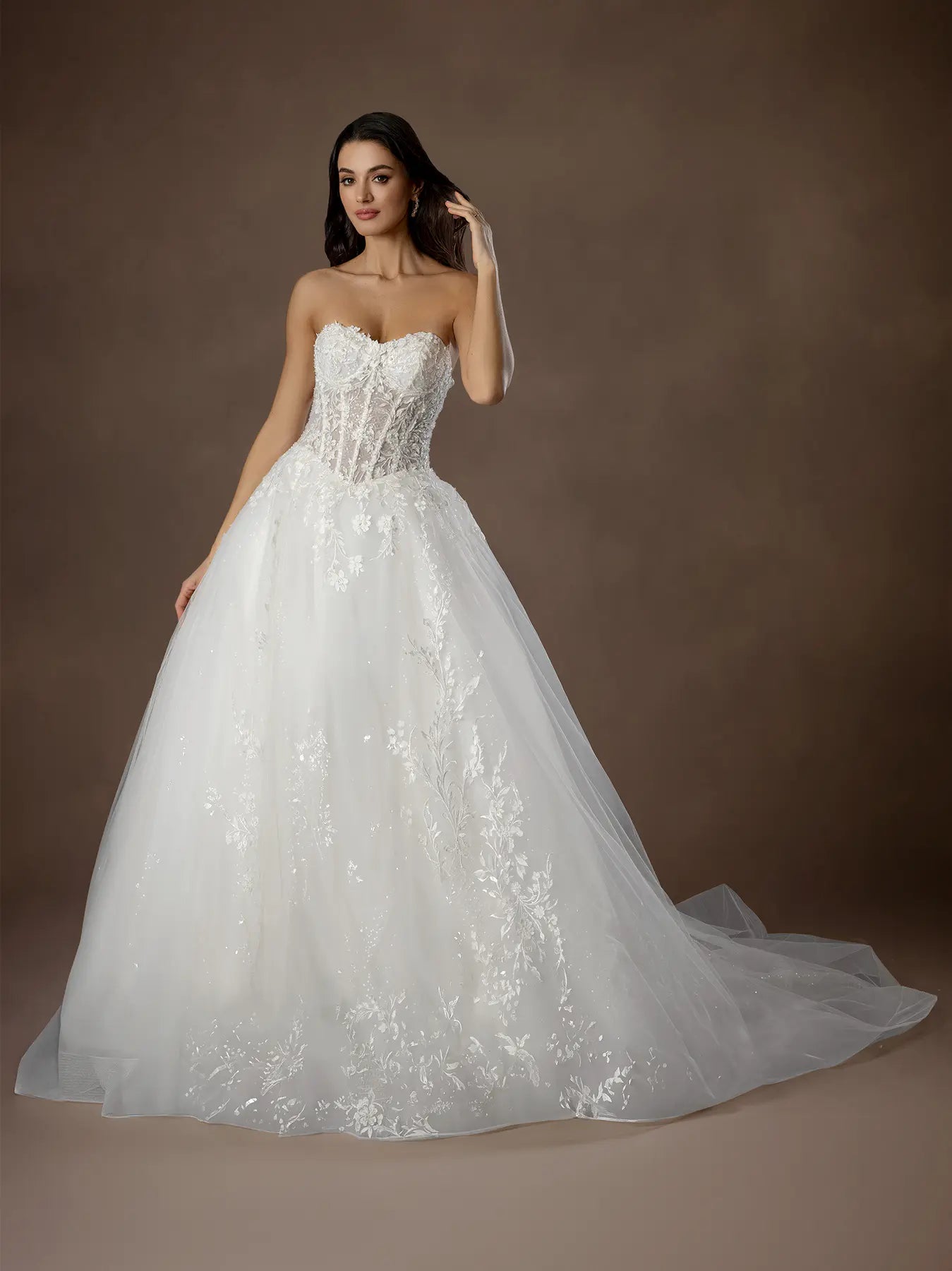 Off White Off-the-Shoulder Floor-Length Tulle Ball Bridal Wedding Gown with Lace Applique