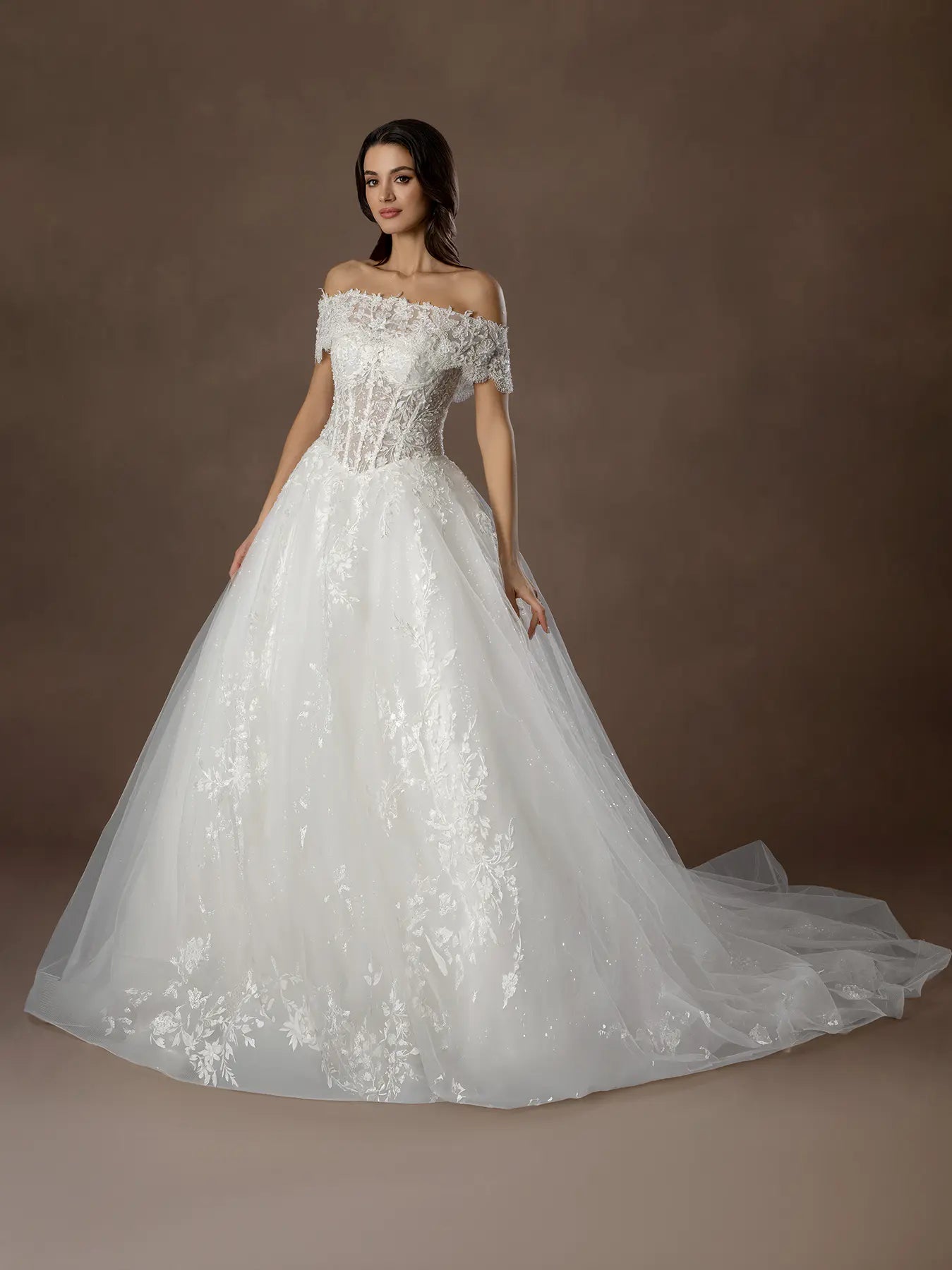 Off White Off-the-Shoulder Floor-Length Tulle Ball Bridal Wedding Gown with Lace Applique