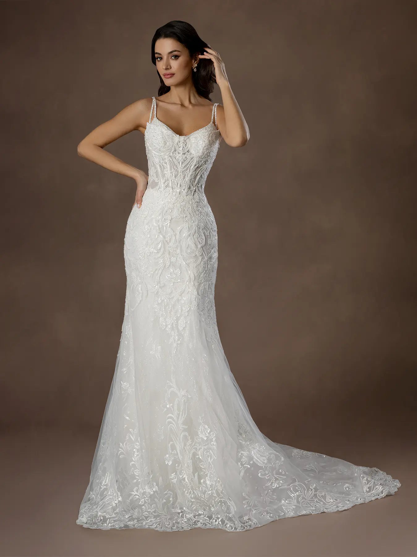 Off White Spaghetti Strap Floor-Length Lace Bridal Mermaid Gown with Peplum Train