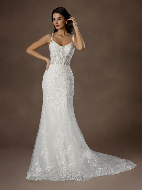 Spaghetti Strap Floor-Length Lace Bridal Mermaid Gown with Peplum Train