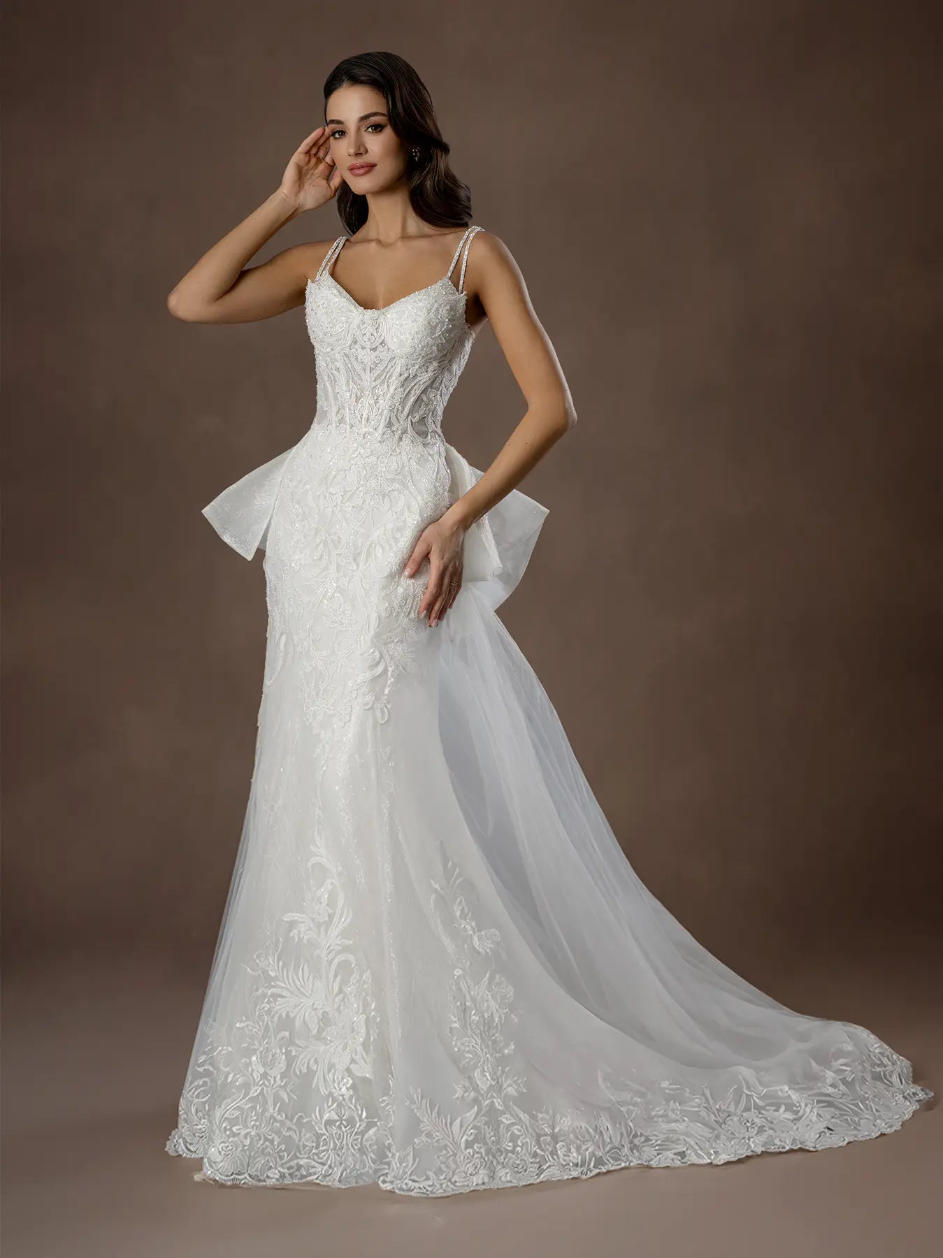 Spaghetti Strap Floor-Length Lace Bridal Mermaid Gown with Peplum Train –  The Dress Outlet
