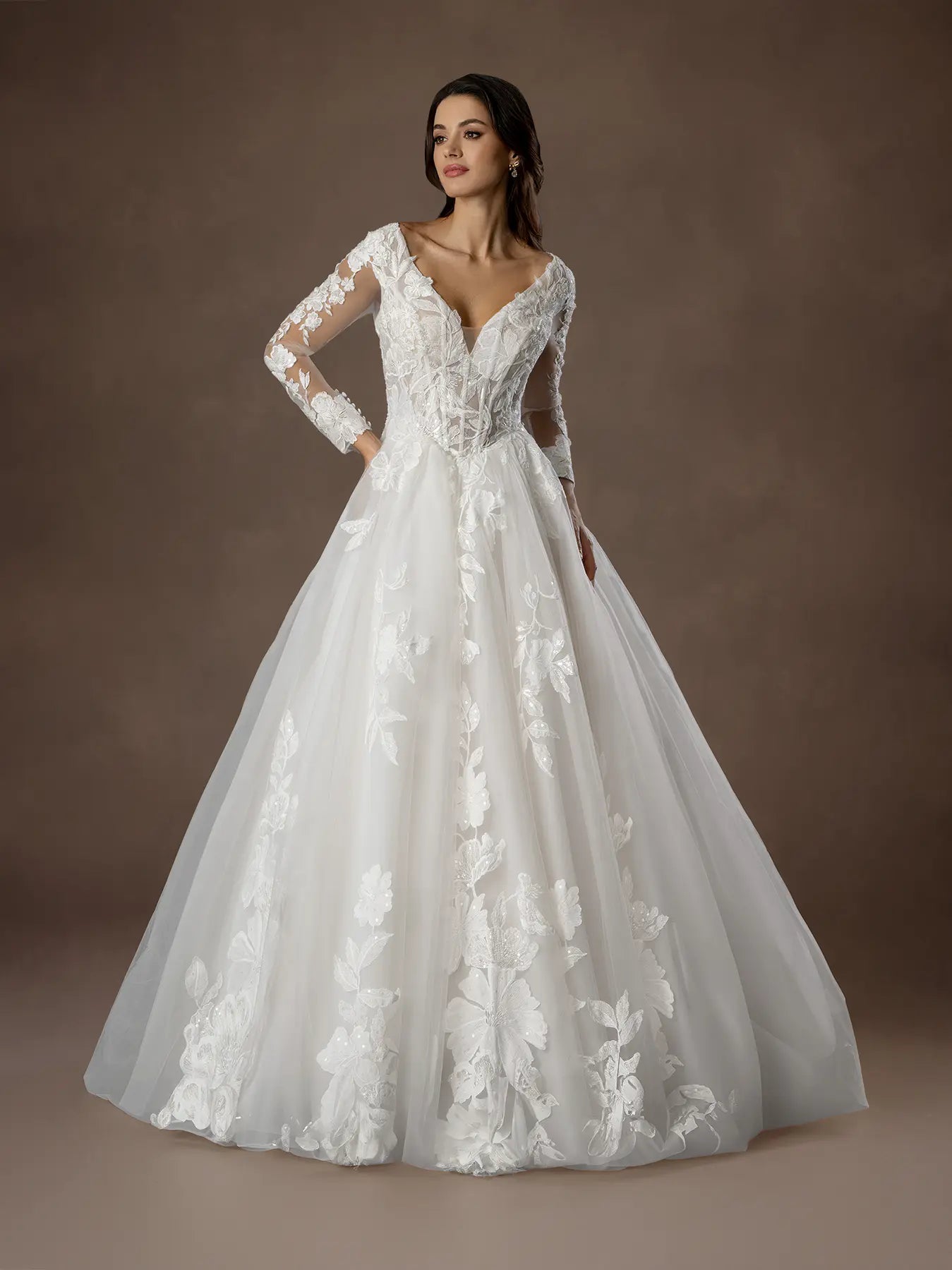 Off White V-Neck Floor-Length Tulle Ball Wedding Gown with Long Lace Sleeves