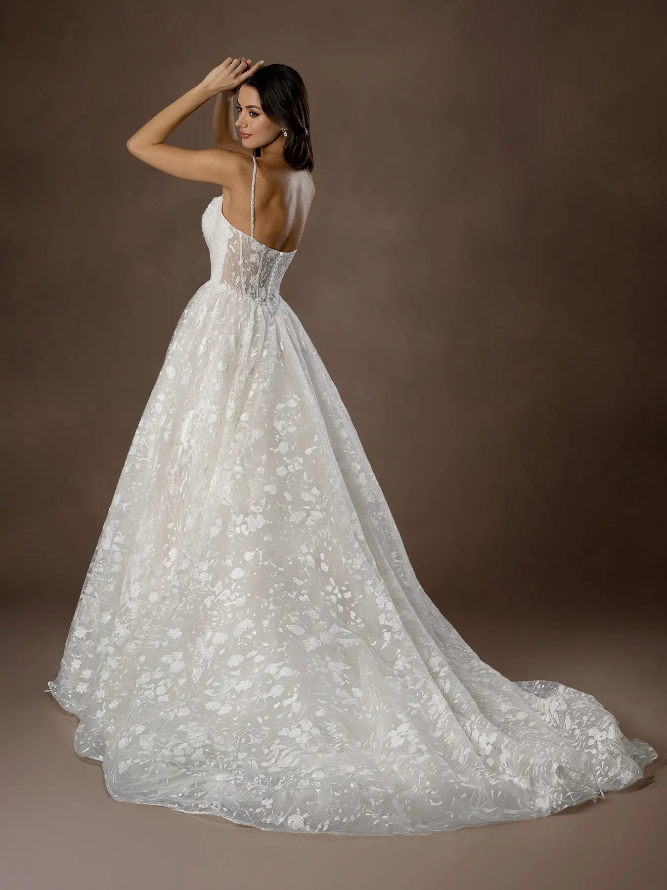 Off White Scoop Neck Floor-Length Tulle Wedding Ball Gown with Floral Embroidery
