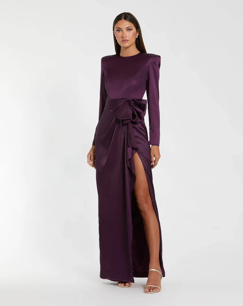 Formal Dresses Long Sleeve Evening Bow Ornate Formal Dress Eggplant