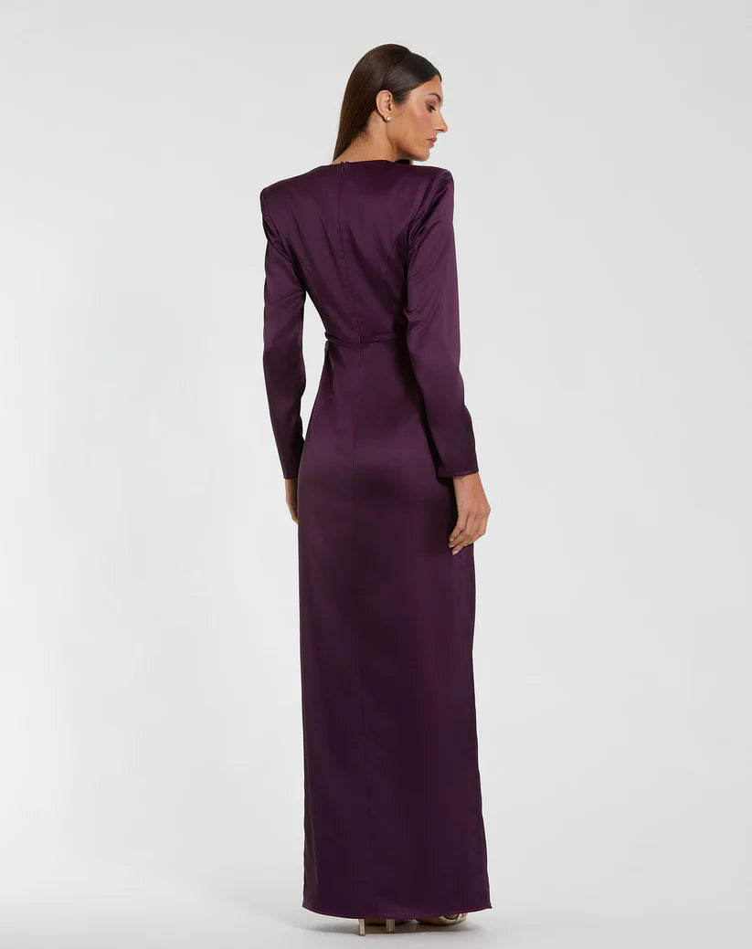 Formal Dresses Long Sleeve Evening Bow Ornate Formal Dress Eggplant