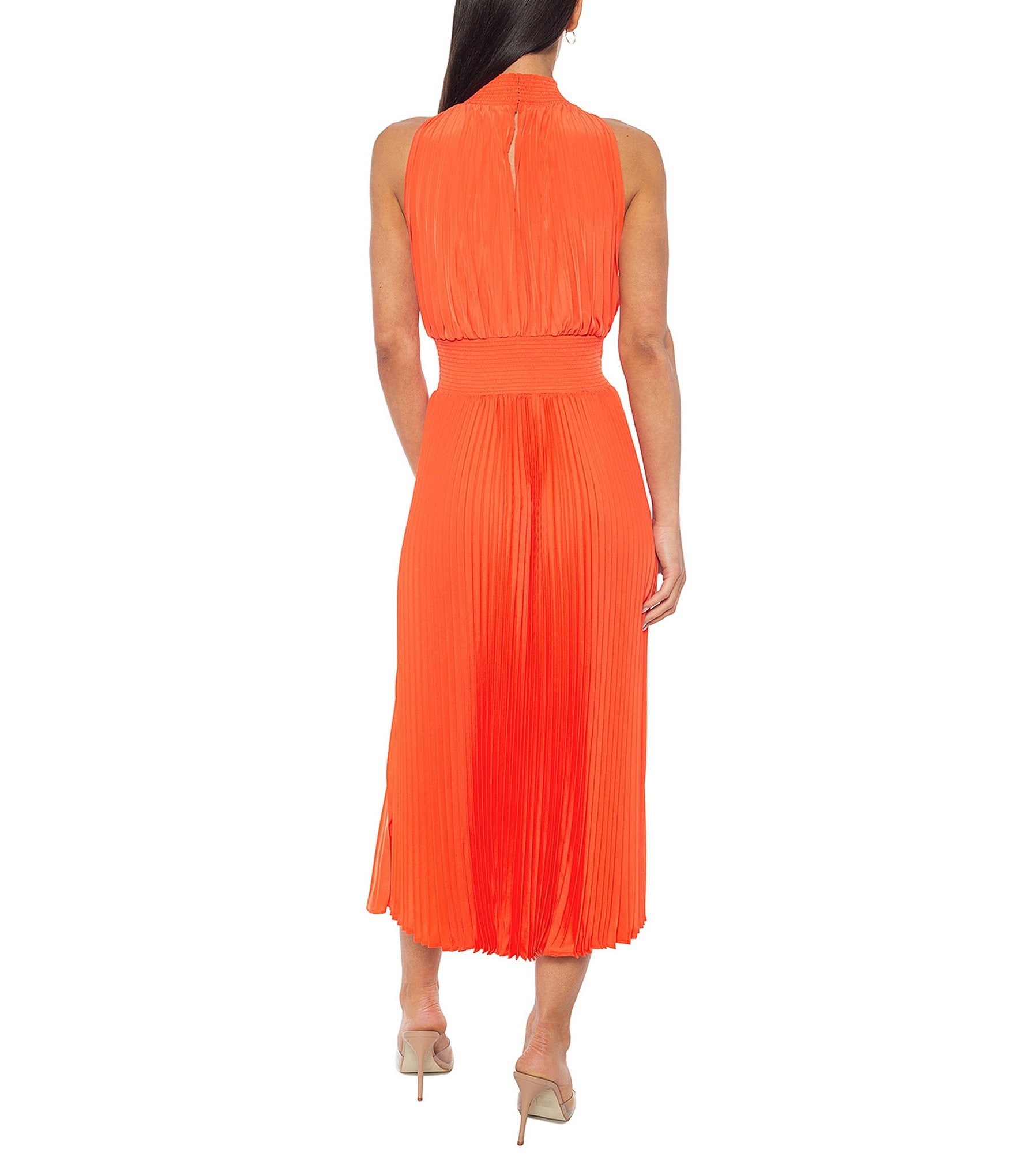 Cocktail Dresses Pleated Midi Length A Line Cocktail Dress Orange
