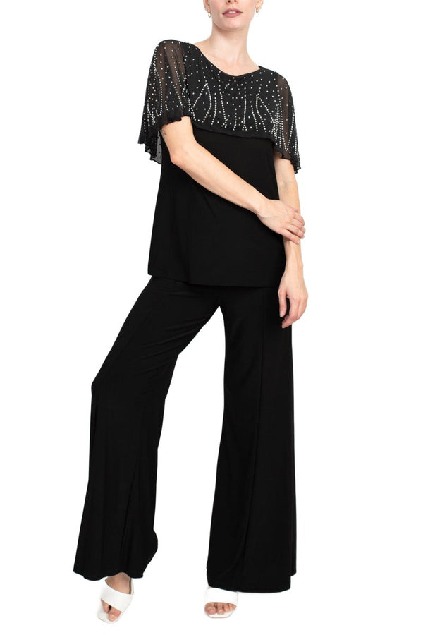 Scoop-Neck Full-Length Chiffon Evening Pant Suit with Beaded Capelet Marina 267490