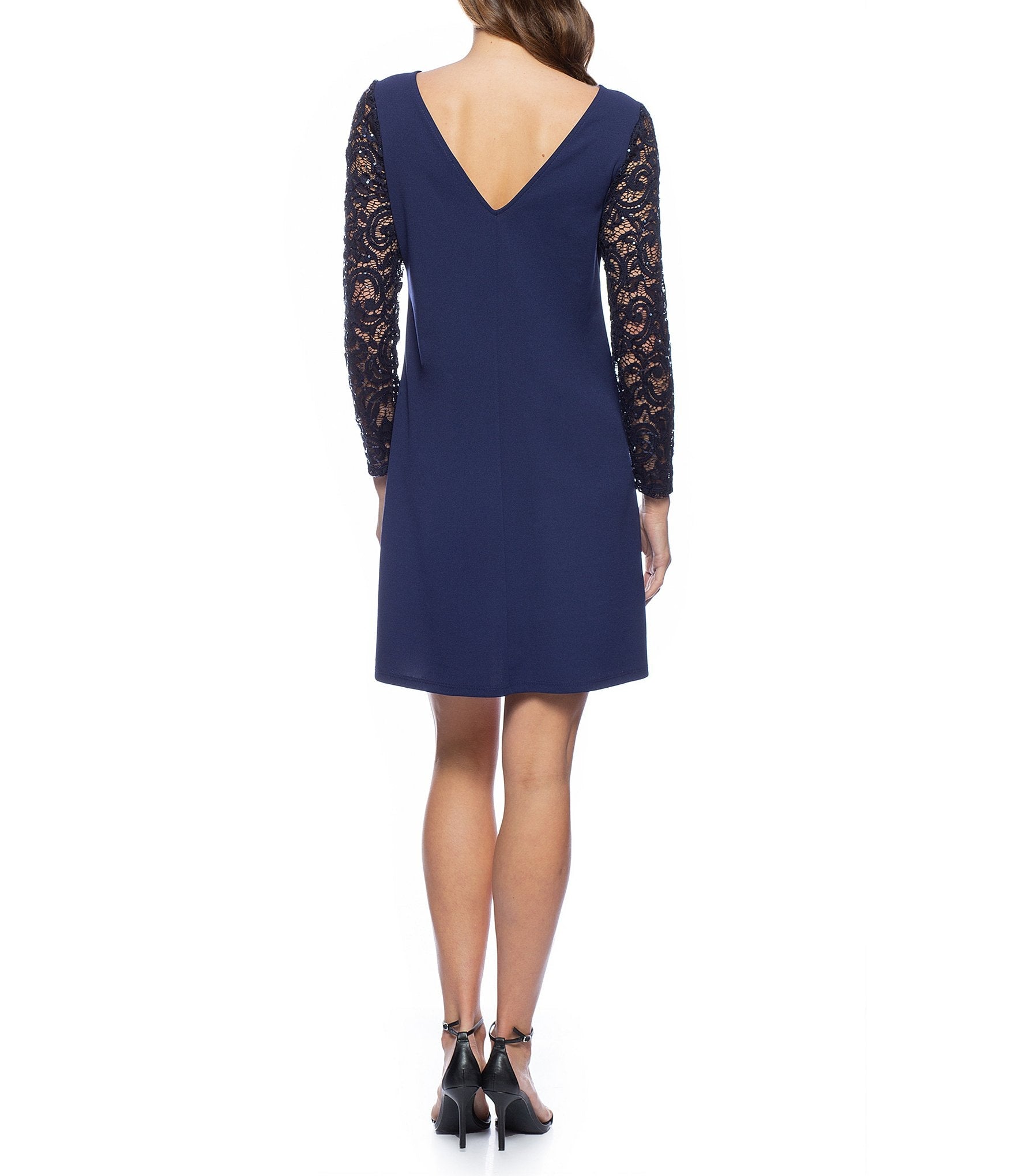 Marina  Short Lace Sleeve V Back Crepe Dress