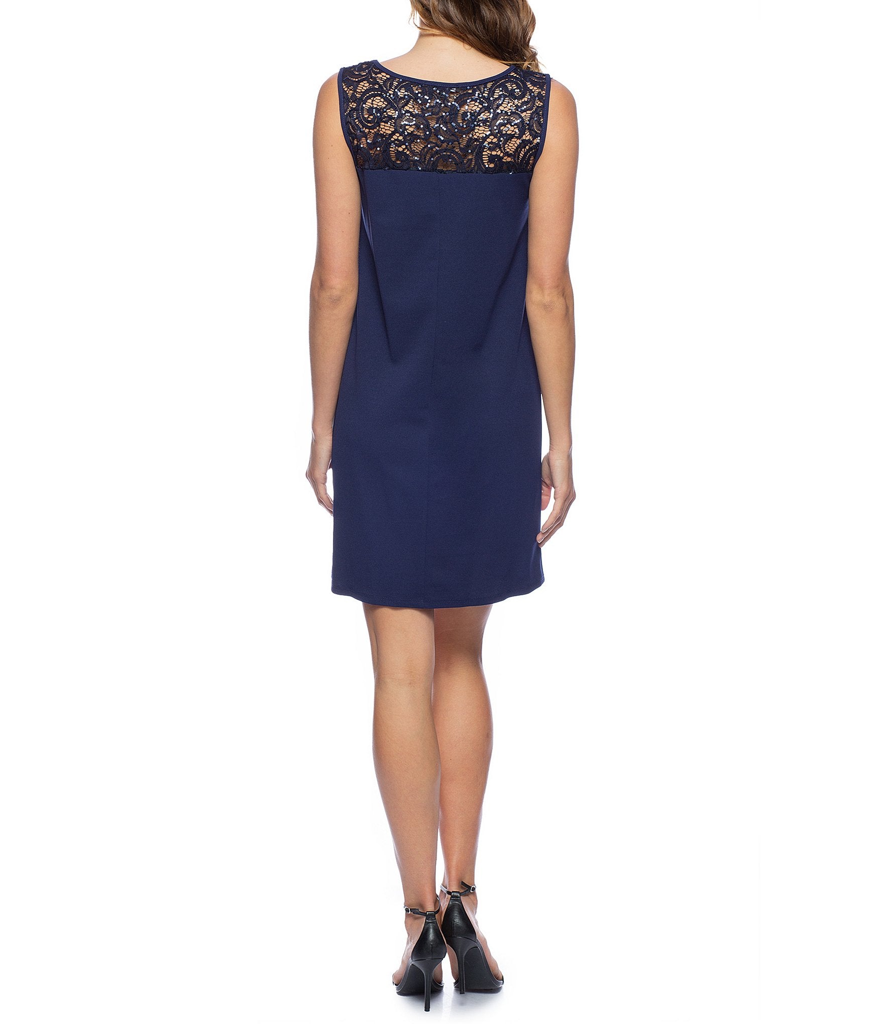 Marina  Short Sleeveless Illusion Crew Neck Dress