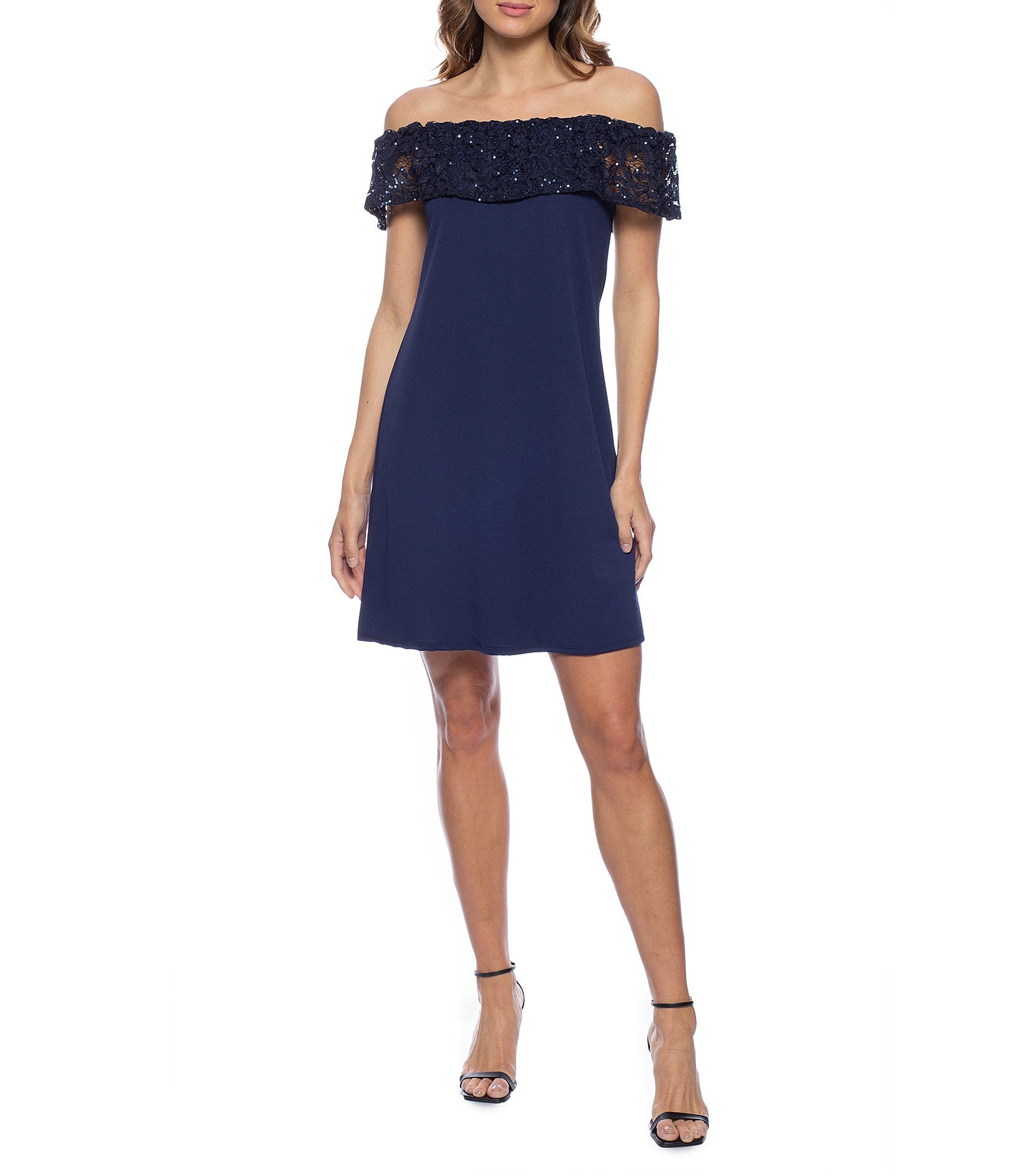 Marina Short Off Shoulder Sequin Lace Dress