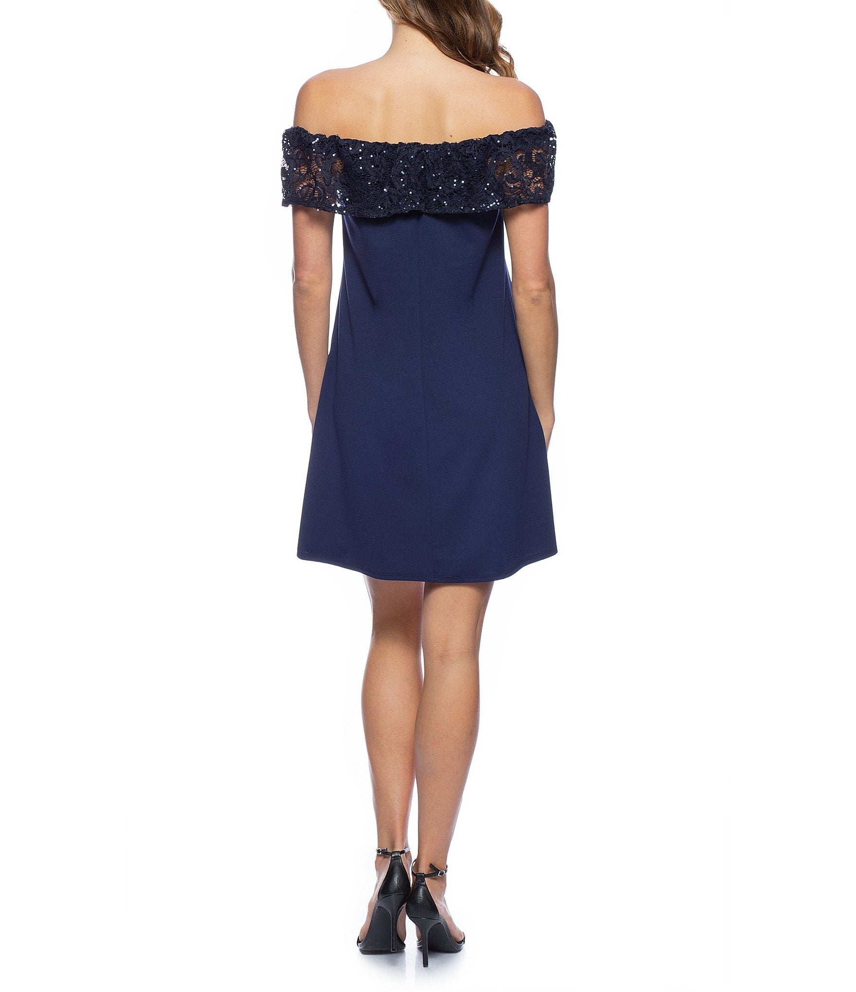 Marina Short Off Shoulder Sequin Lace Dress