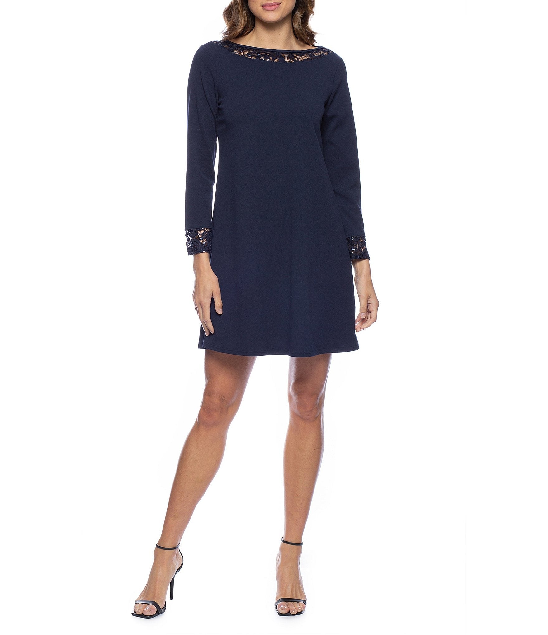 Marina  Short Long Sleeve Lace Trim Dress