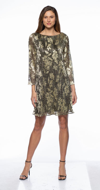 Marina  Long Sleeve Printed Metallic Short Dress