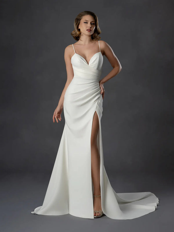 V-Neck Floor-Length Satin Wedding Gown with Side Slit