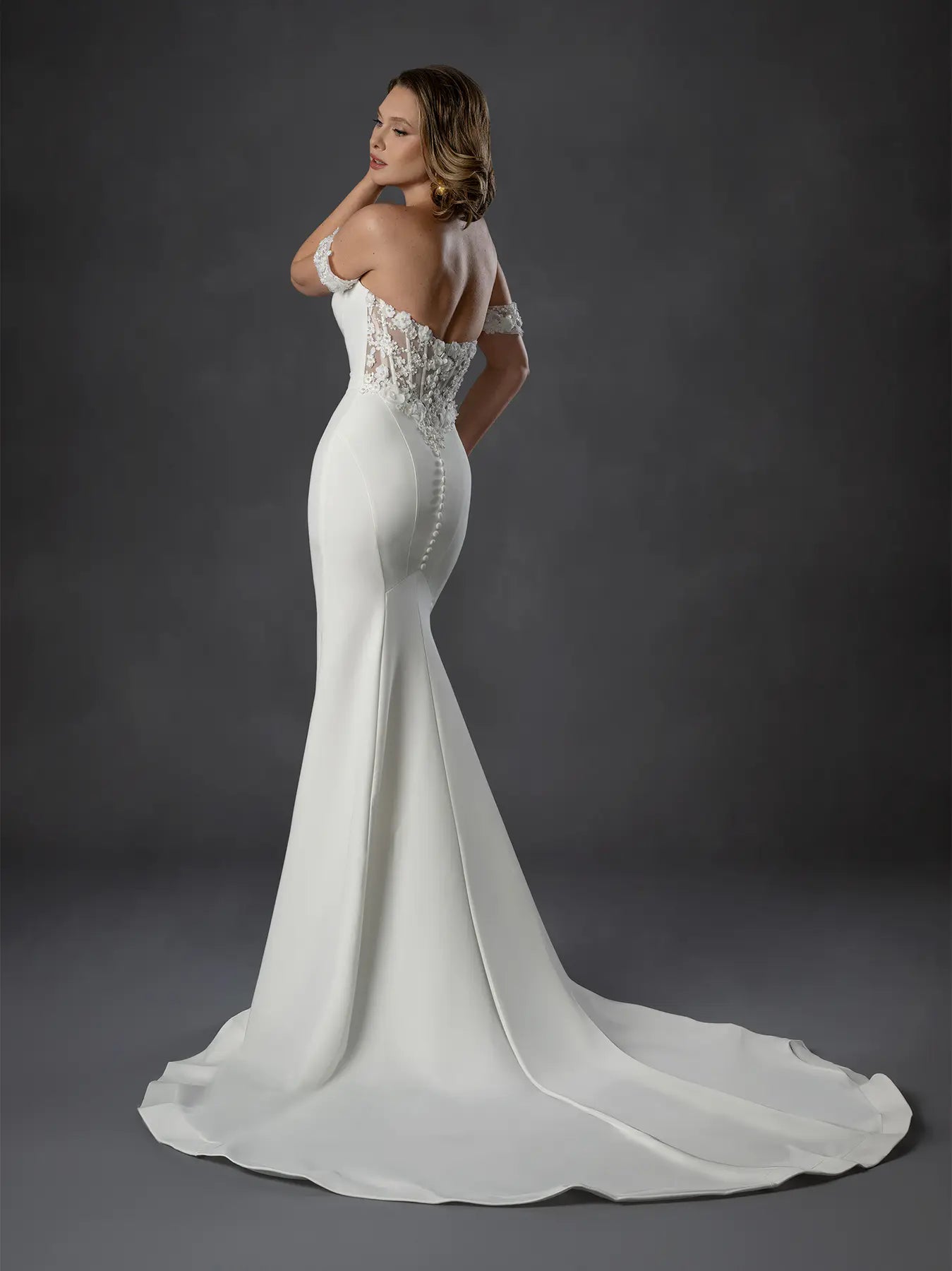 Off White Off-the-Shoulder Floor-Length Satin Wedding Gown with Lace Applique