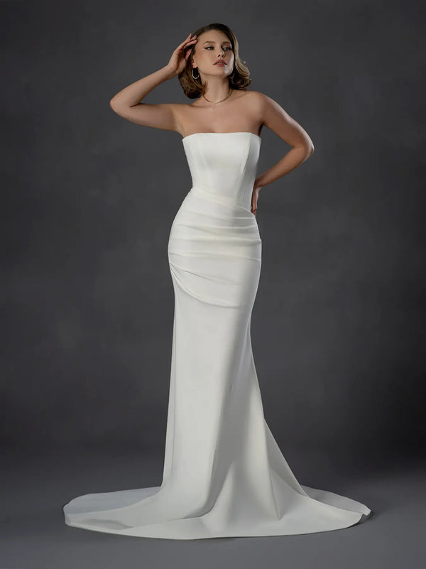 Strapless Floor-Length Satin Bridal Wedding Mermaid Gown with Ruched Hip