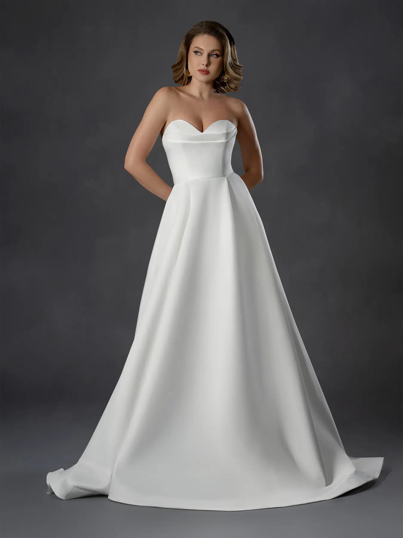 Off White Strapless Floor-Length Satin Bridal A-Line Gown with Pockets