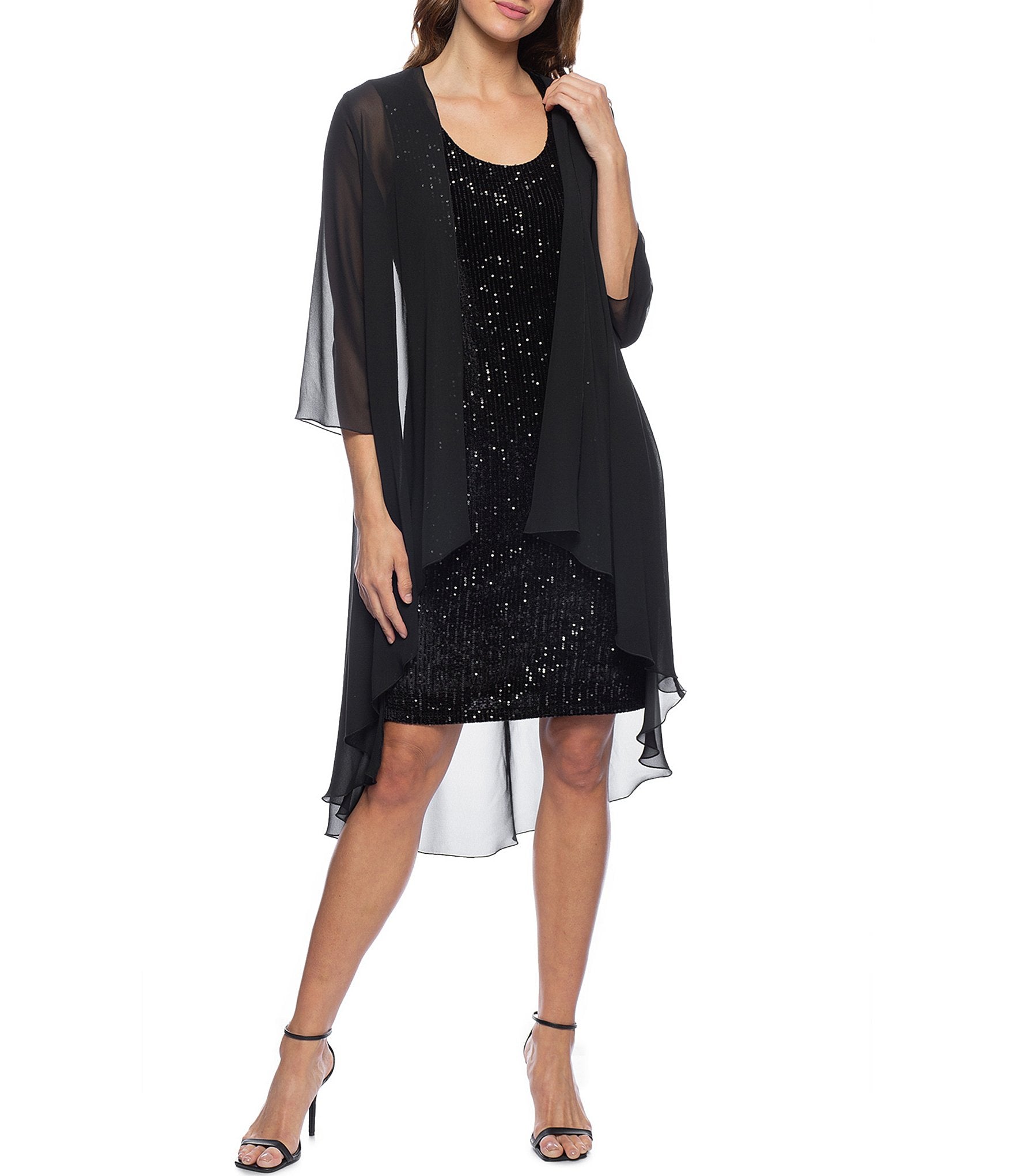 Marina  Short Sleeveless Velvet Sequin Dress Chiffon Jacket Set