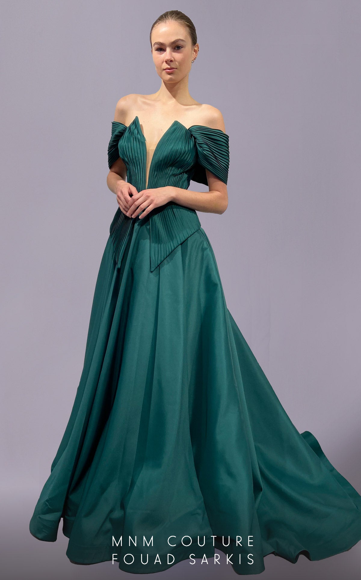 Off-the-Shoulder Floor-Length Satin Evening A-Line MNM Couture 2687