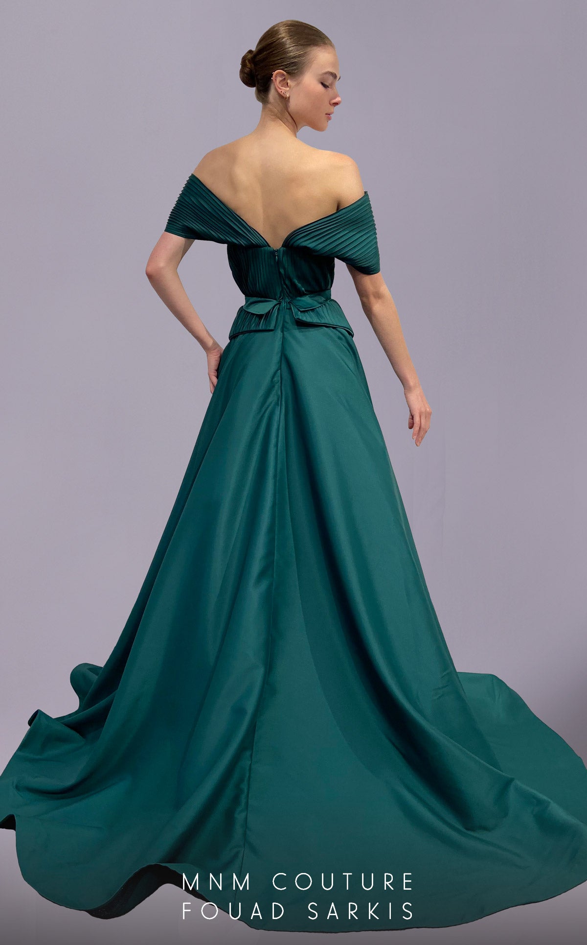 Off-the-Shoulder Floor-Length Satin Evening A-Line MNM Couture 2687